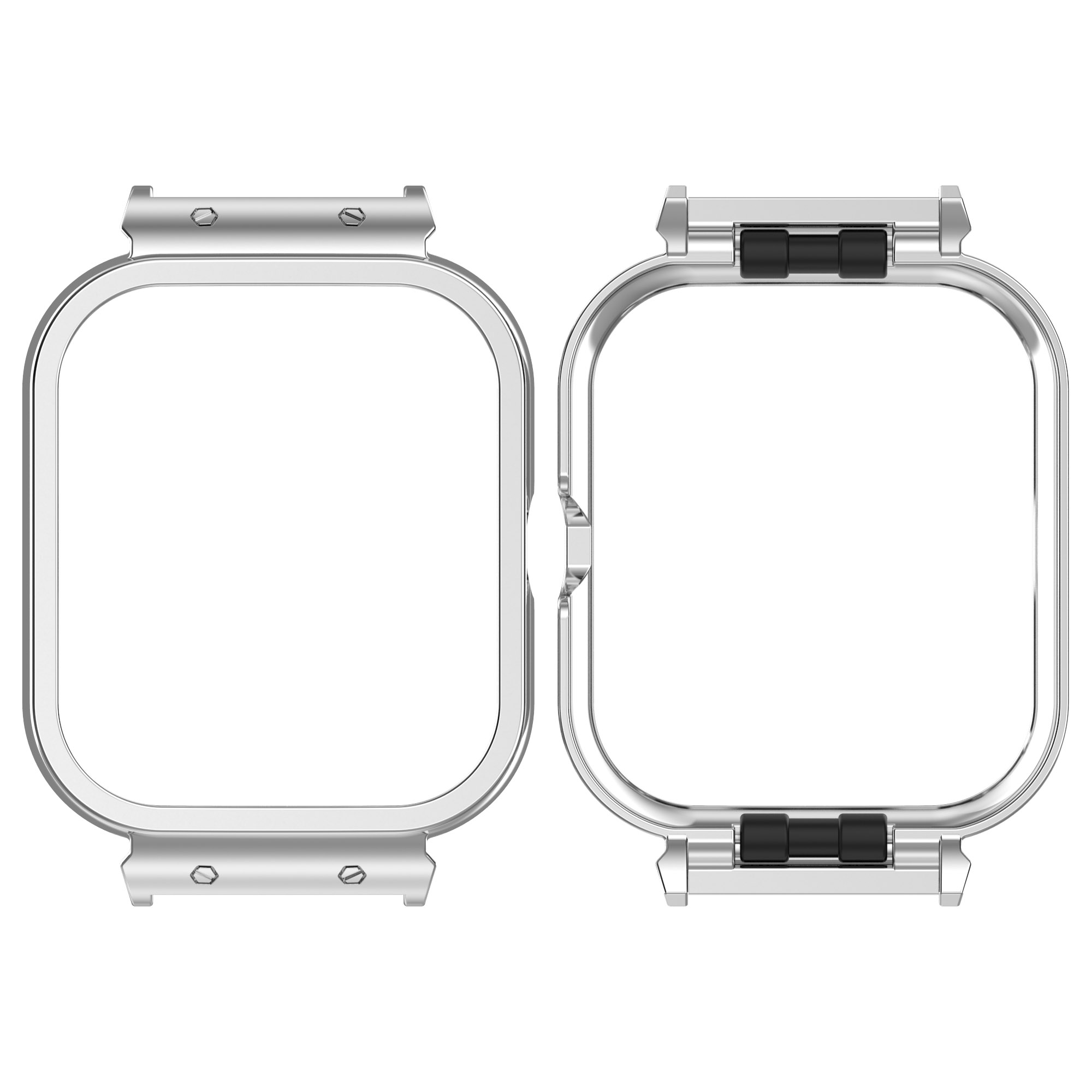 Due lunette per orologi argentate aperte, progettate per contenere uno schermo. Una ha viti, l'altra ha chiusure e piccoli pezzi neri.