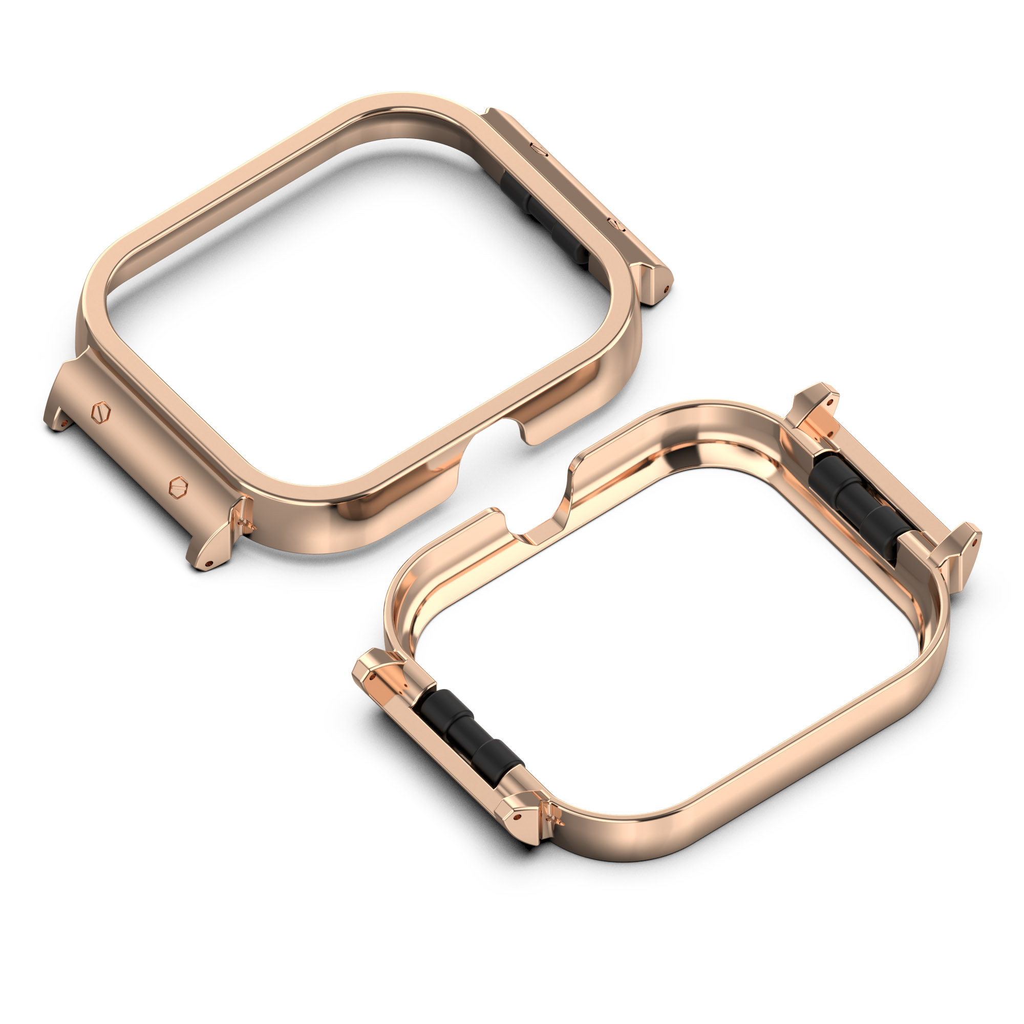 Due lunette d'orologio dorate, cornici protettive per smartwatch, isolate su bianco.