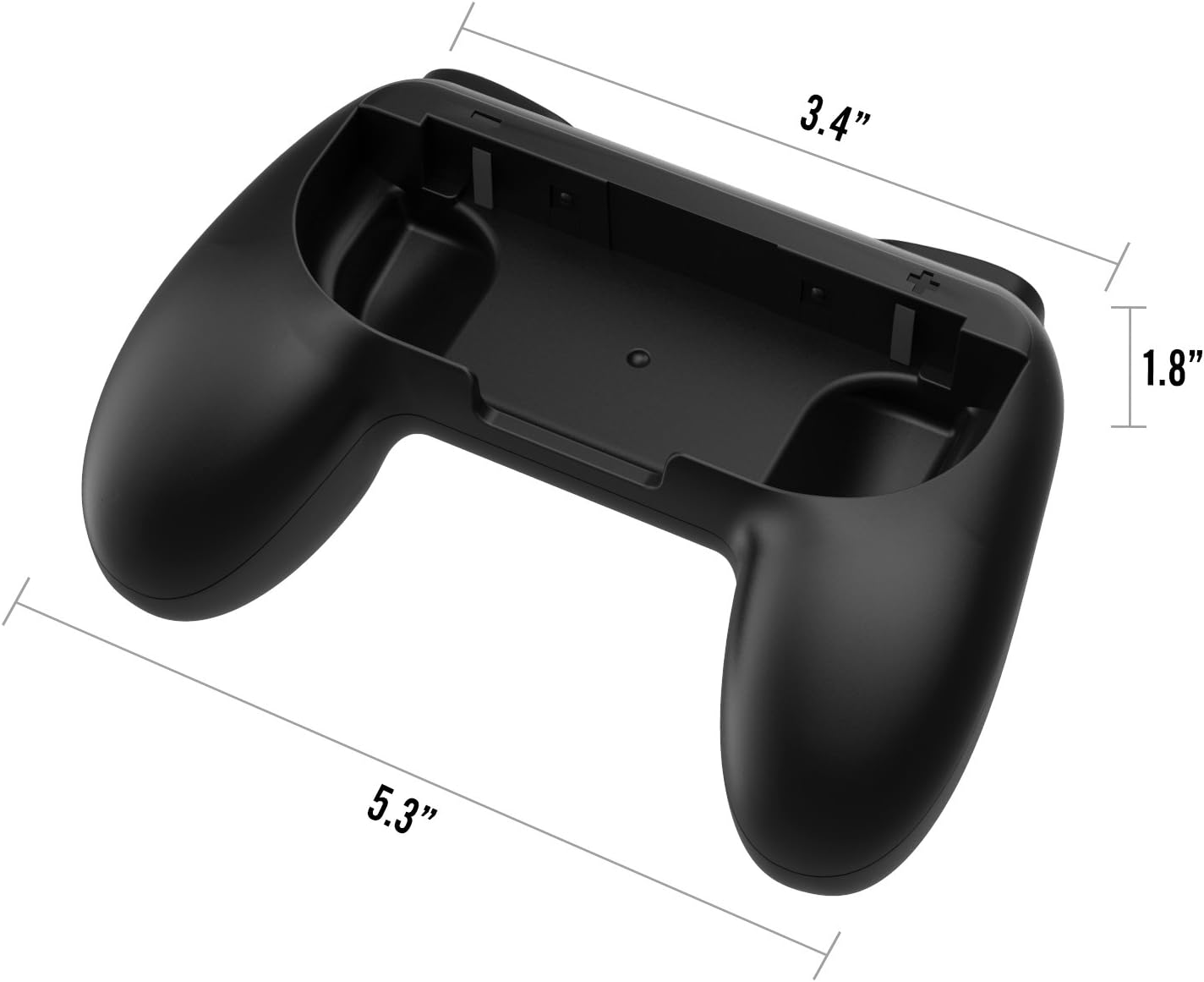 Schwarze Controller-Hülle mit Maßangaben: 5,3" lang, 3,4" breit und 1,8" hoch.
