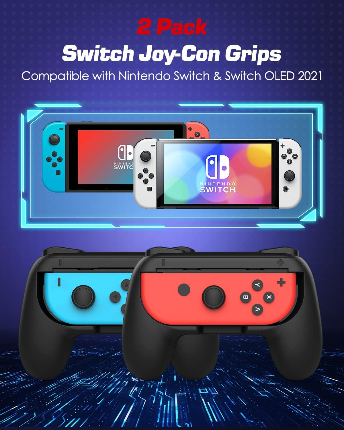 Werbung für Switch Joy-Con-Griffe. Zwei Controller sind in einem blau-roten Farbschema gezeigt.
