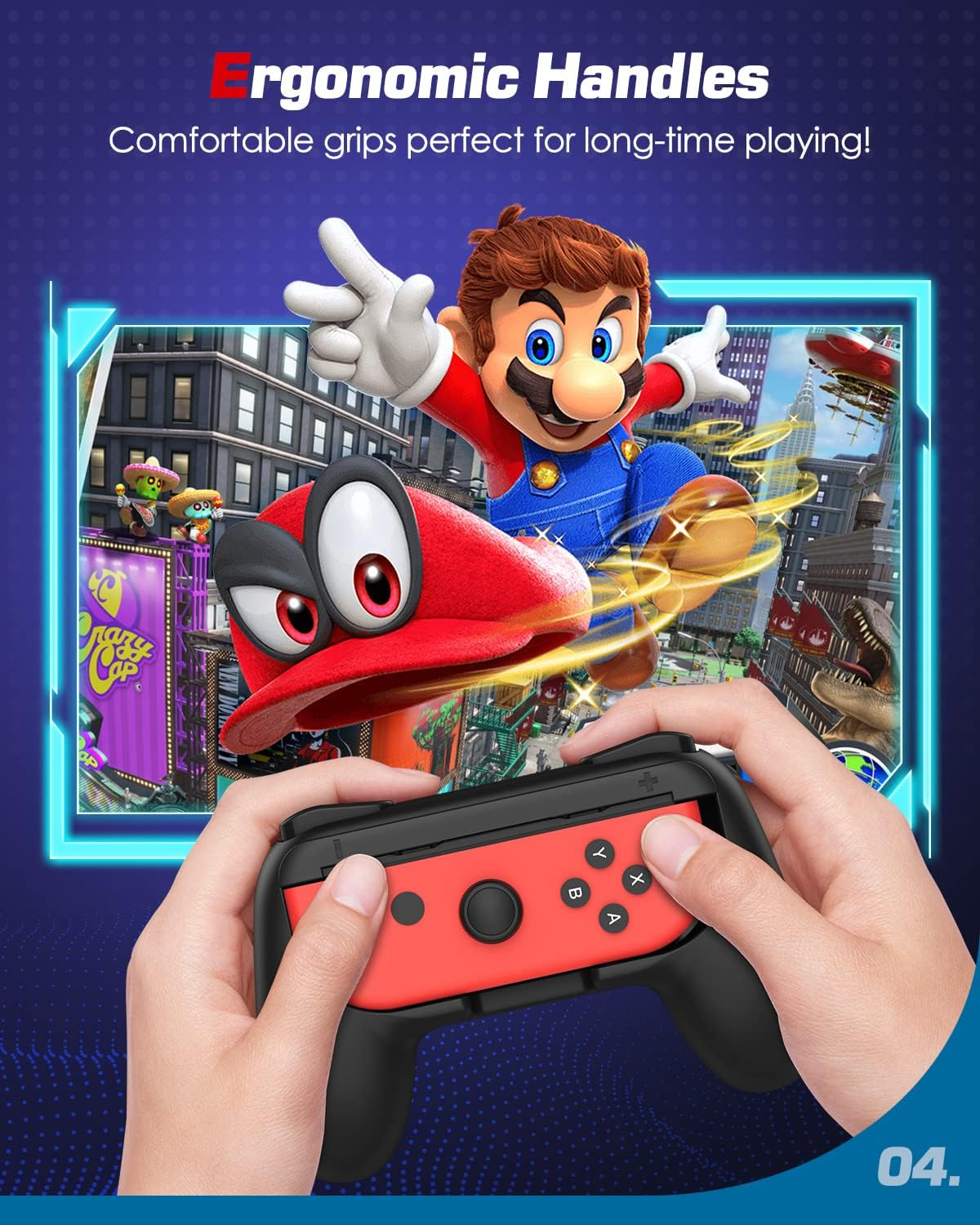 Hände halten einen roten Controller mit Mario im Hintergrund. Text: Ergonomische Griffe, Komfortable Griffe.
