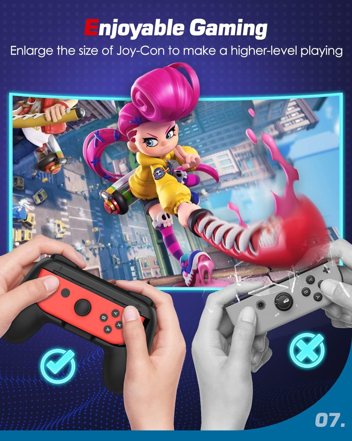 Eine Person hält einen rot-schwarzen Joy-Con-Griff, mit einem Spielbildschirm im Hintergrund.