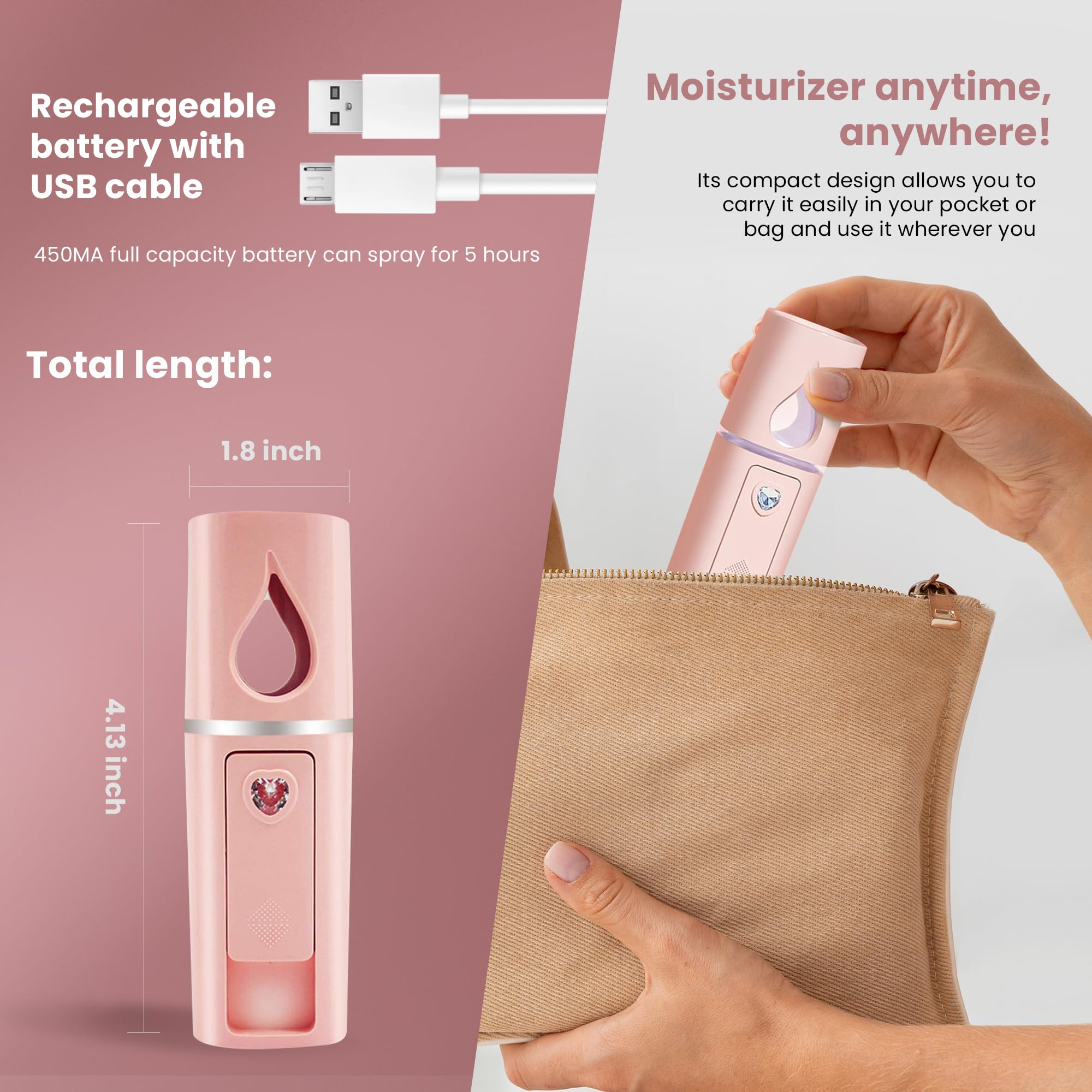 Rosa Gesichtssprühgerät mit USB-Kabel und Abmessungen: 4,13" lang und 1,8" breit. In einer Tasche getragen.