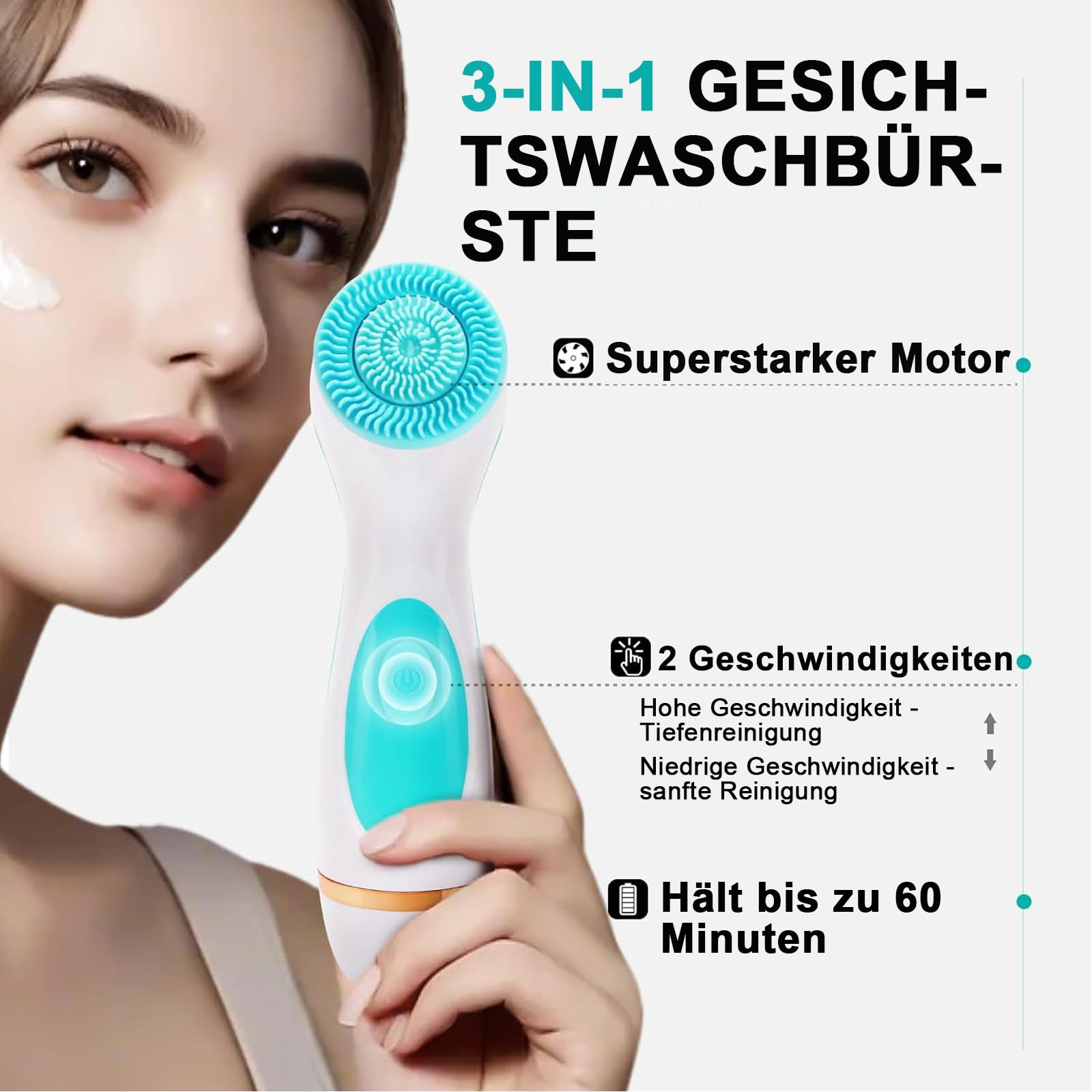 Eine Frau hält eine Gesichtsbürste. Die Bürste ist weiß und türkis. Text hebt Funktionen wie Motor und Geschwindigkeiten hervor.