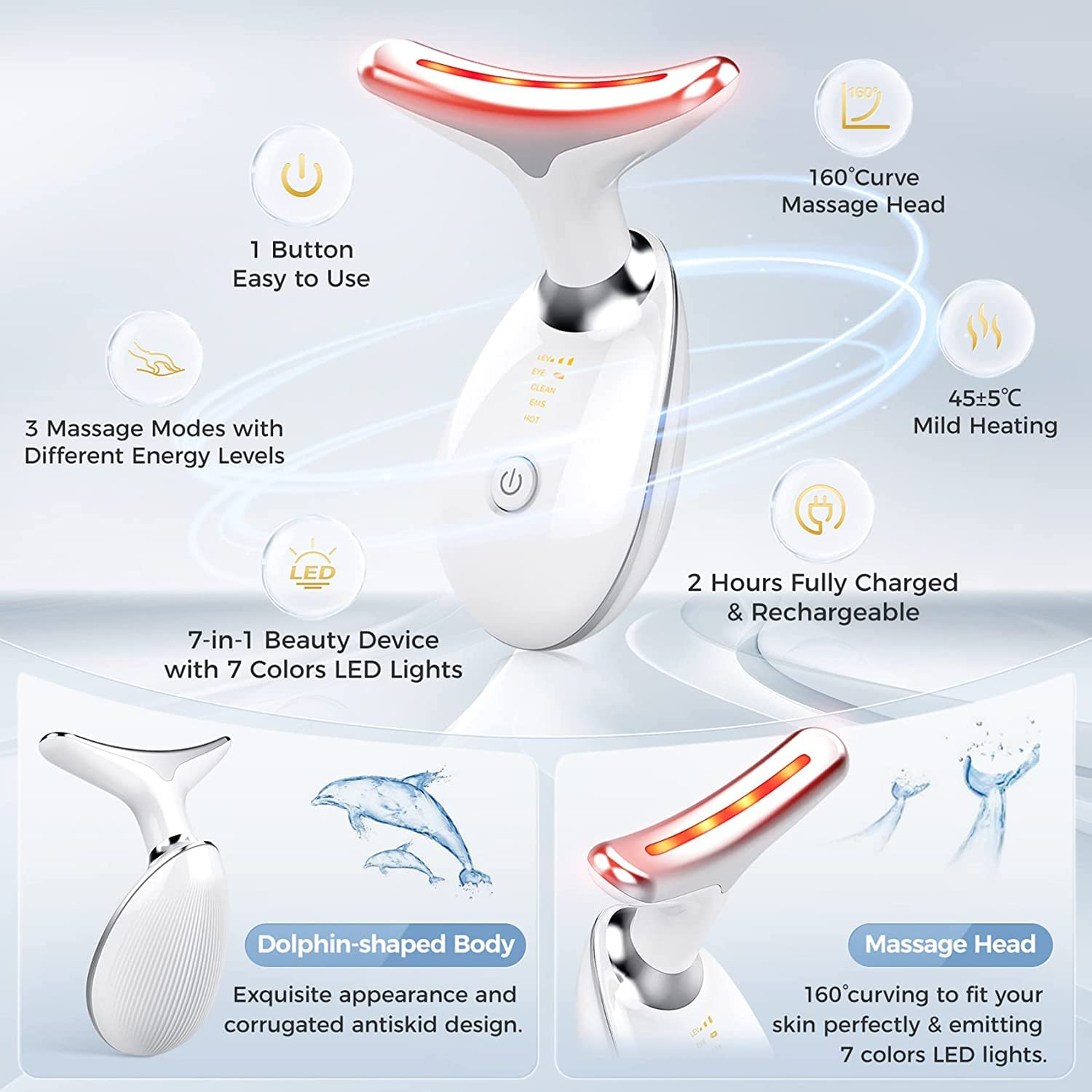 Ein weißes Schönheitsgerät mit rotem LED-Licht und Knöpfen. Das Gerät dient zur Gesichts- und Nackenmassage.