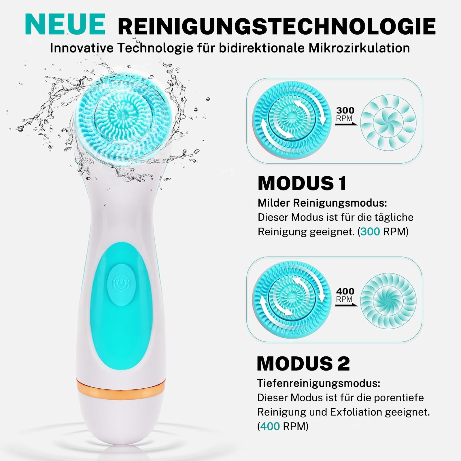 Eine Gesichtsreinigungsbürste mit zwei Betriebsarten und Textbeschreibungen.