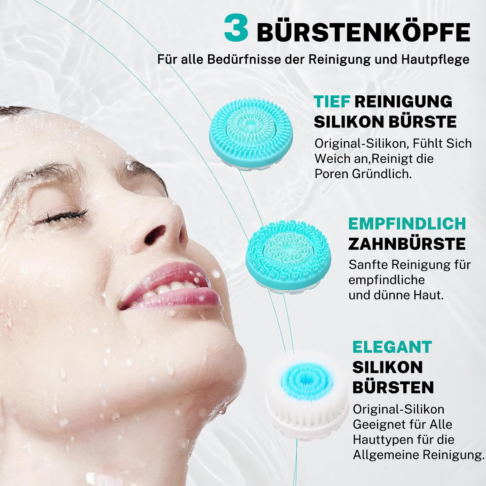 Das Gesicht einer Frau mit einer Gesichtsreinigungsbürste und drei beschriebenen Bürstenköpfen.