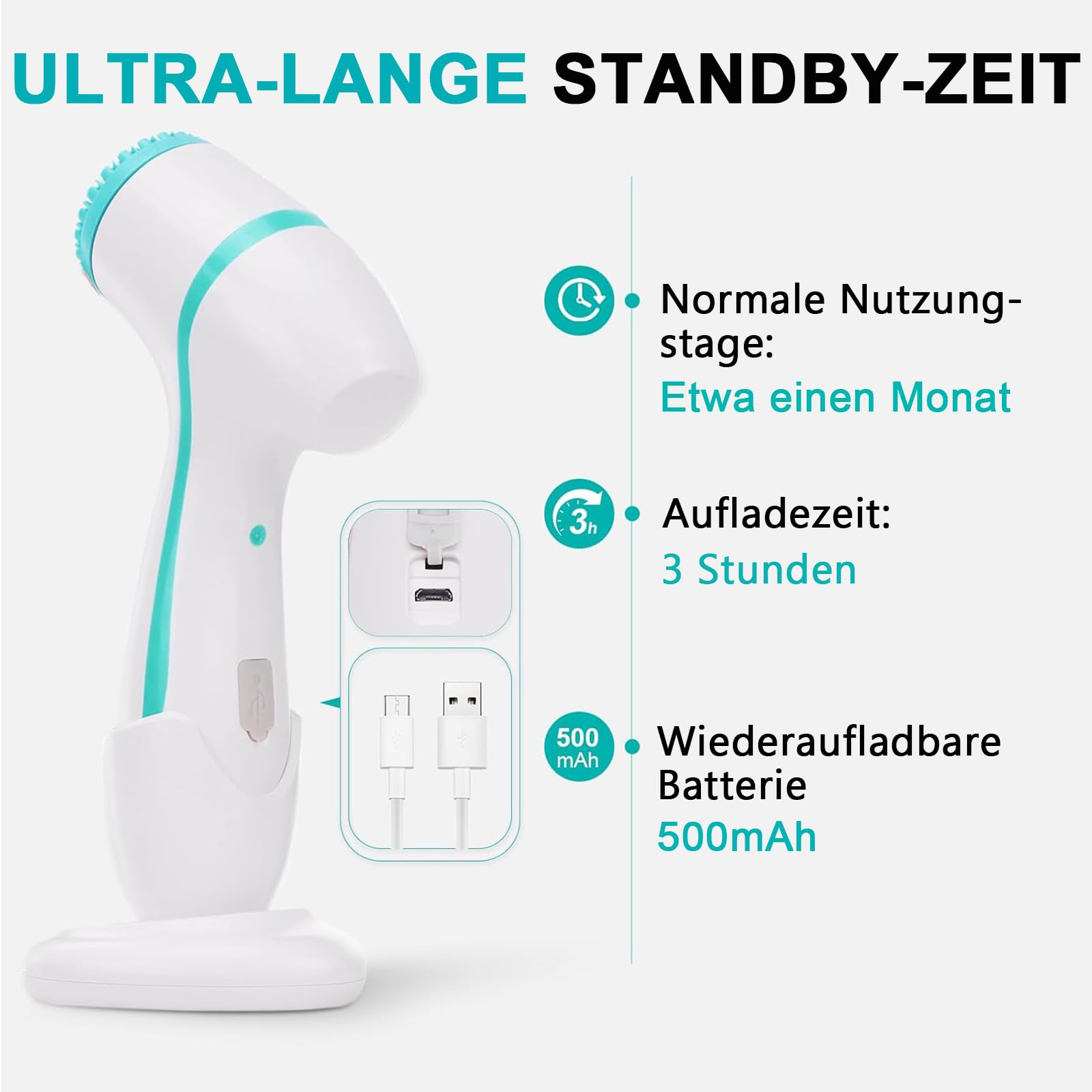 Eine Gesichtsbürste mit Ladestation. Text hebt Funktionen wie Akku und Ladezeit hervor.