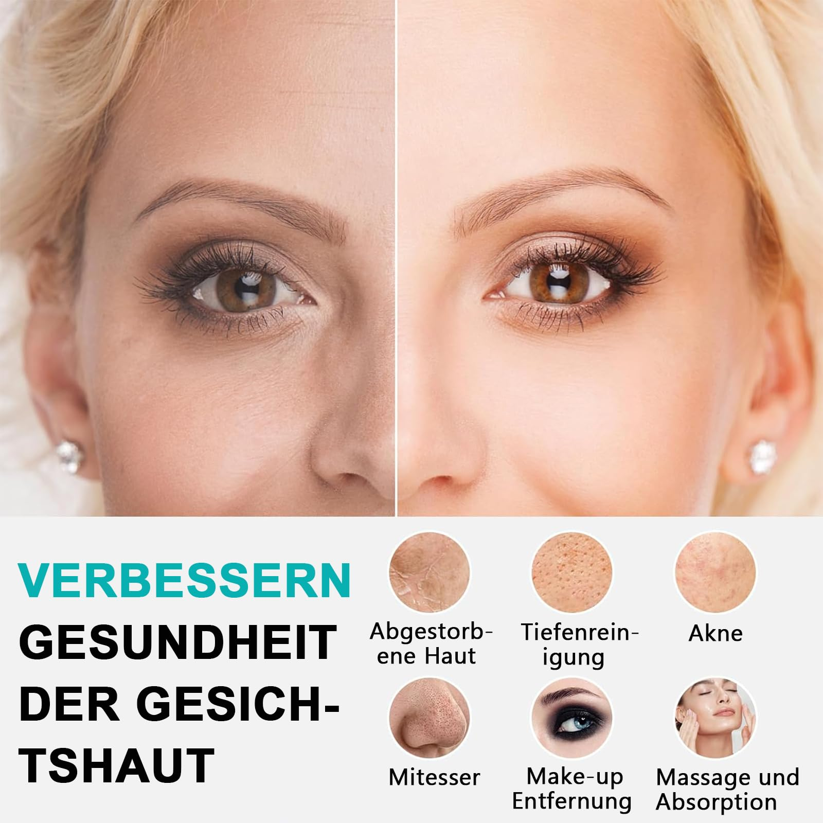 Das Gesicht einer Frau, aufgeteilt in Vorher- und Nachher-Bilder des Make-ups. Text hebt Verbesserungen der Hautgesundheit hervor.