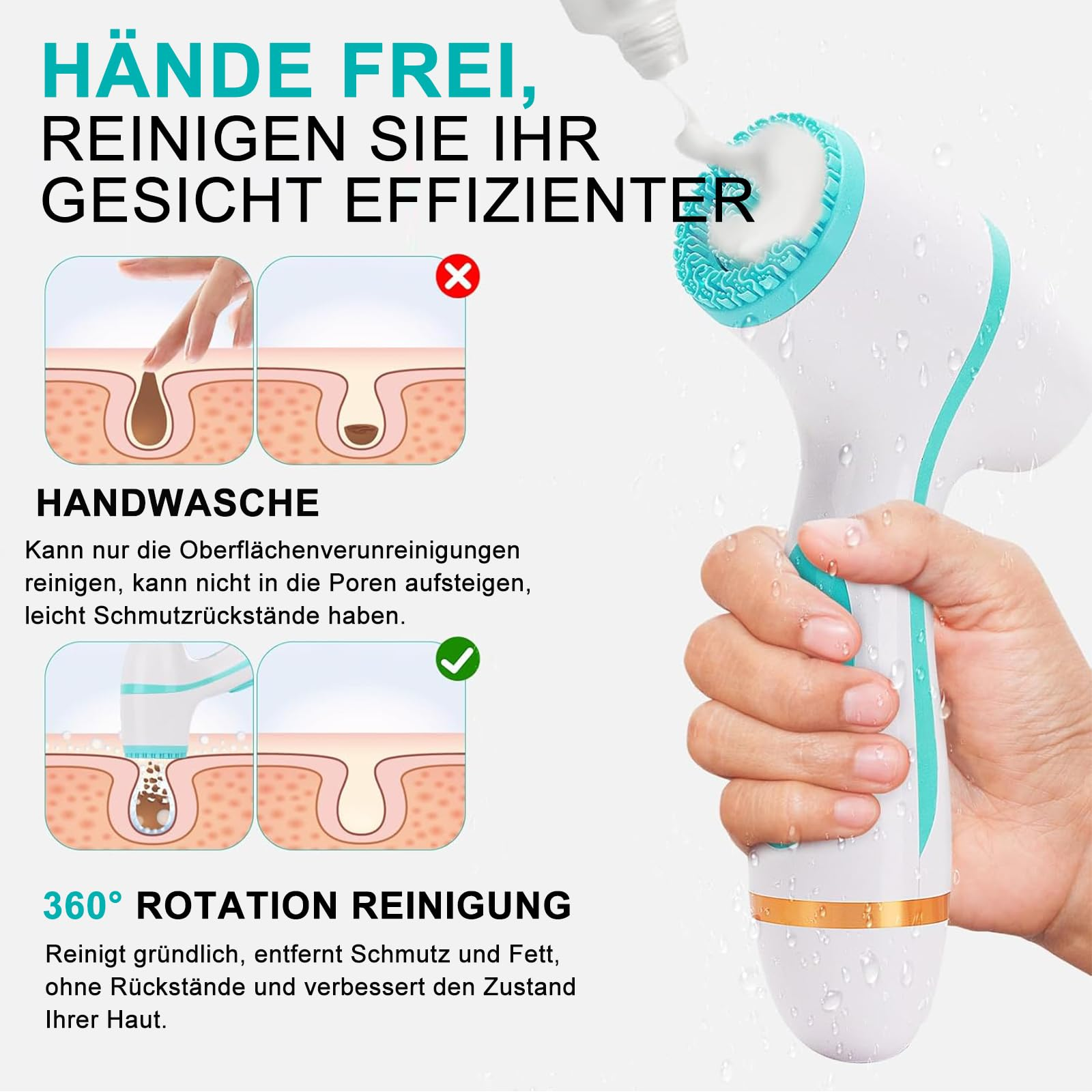 Vergleich von Händewaschen vs. einem 360°-Rotationsreinigungsgerät im Gesicht einer Frau.