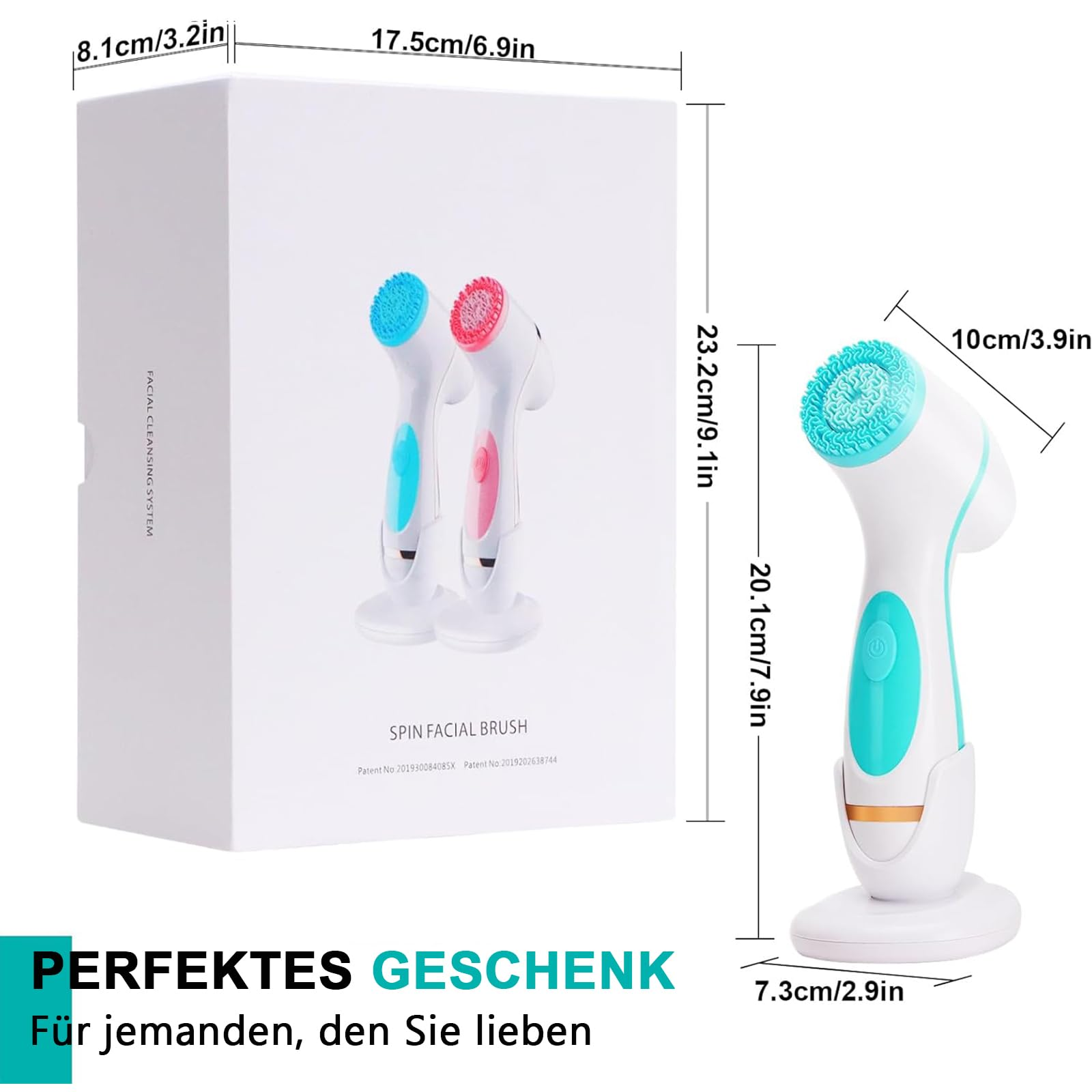 Eine Gesichtsreinigungsbürste mit Maßen, Verpackung und Geschenkempfehlung.