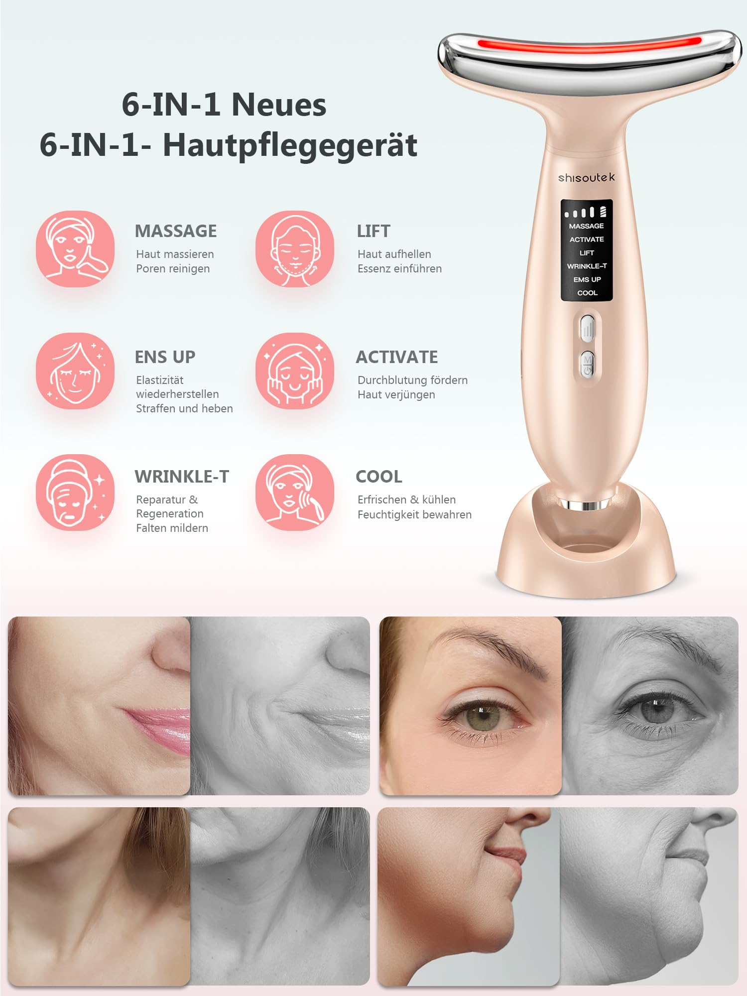 Roségold-Gesichtsmassagegerät mit verschiedenen Funktionen. Es hat ein Display mit Tasten und Bildern von Hautvorteilen.