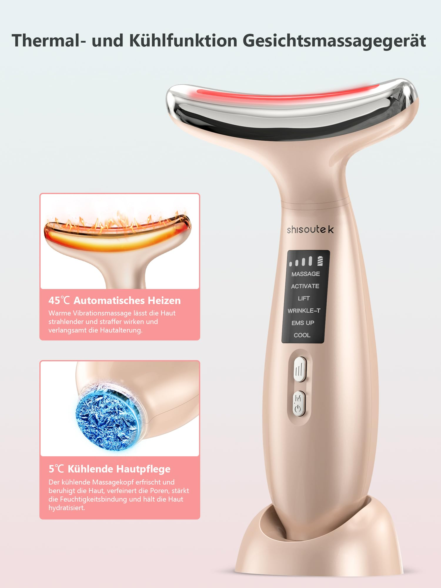 Roségold-Gesichtsmassagegerät mit rotem Licht oben und Basis. Details zu Heiz- und Kühlfunktionen sind dargestellt.