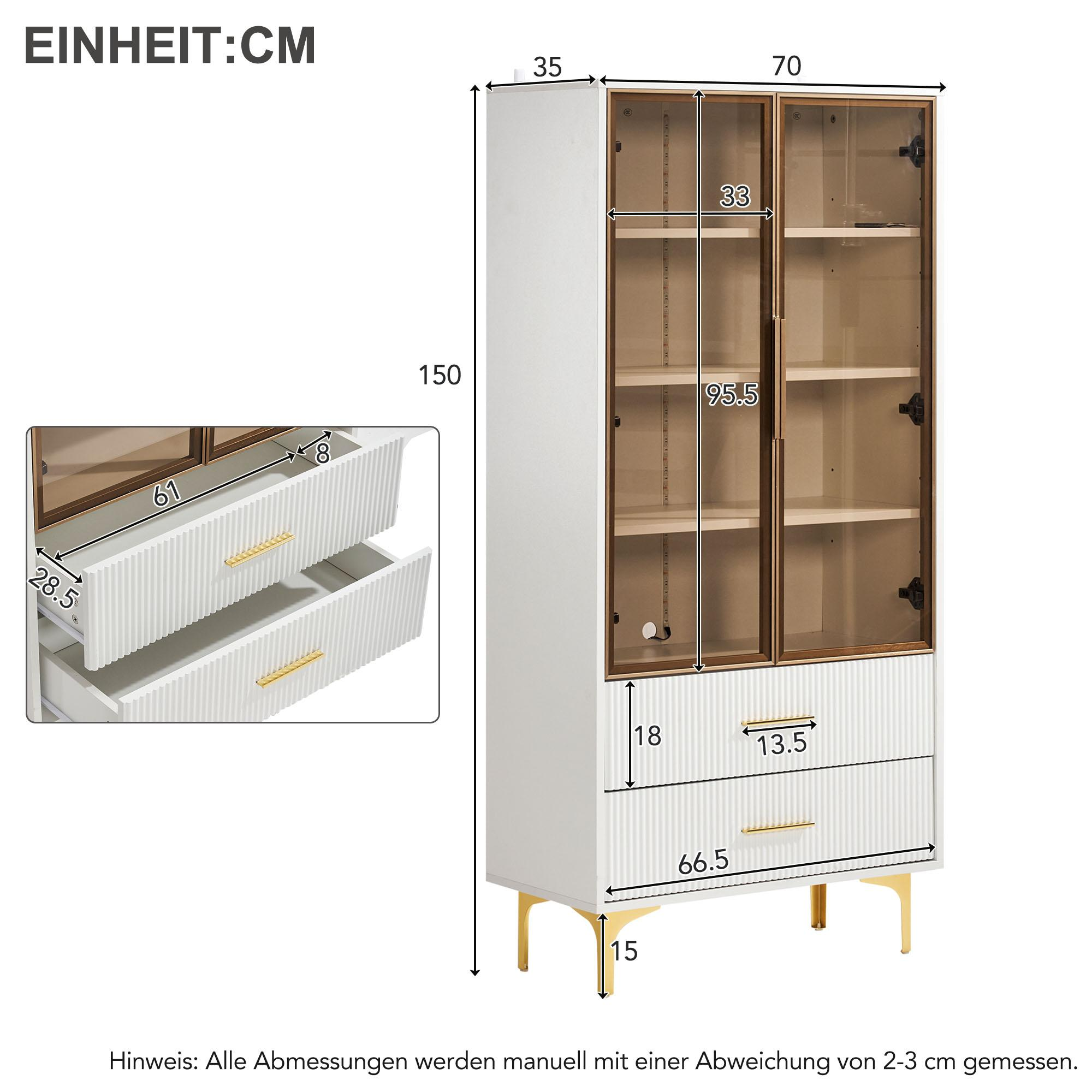 Weißer Schrank mit Glastüren, Abmessungen und Schubladen auf Deutsch, vor weißem Hintergrund platziert.