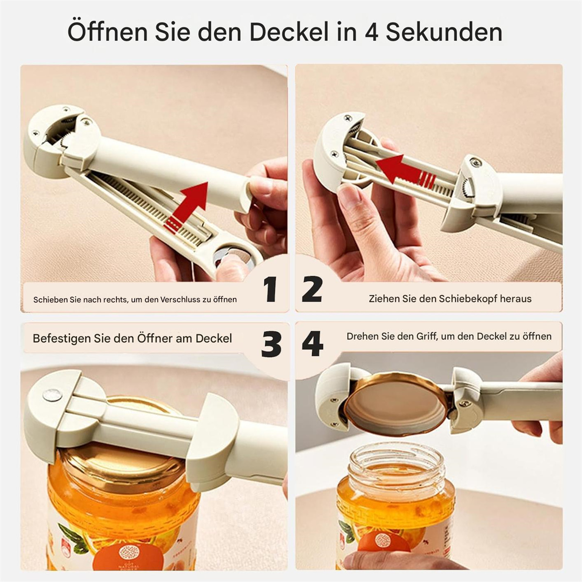 Schritt-für-Schritt-Anleitung zum Öffnen eines Glases mit einem weißen Gläseröffner. Der Öffner befindet sich auf dem Deckel des Glases.