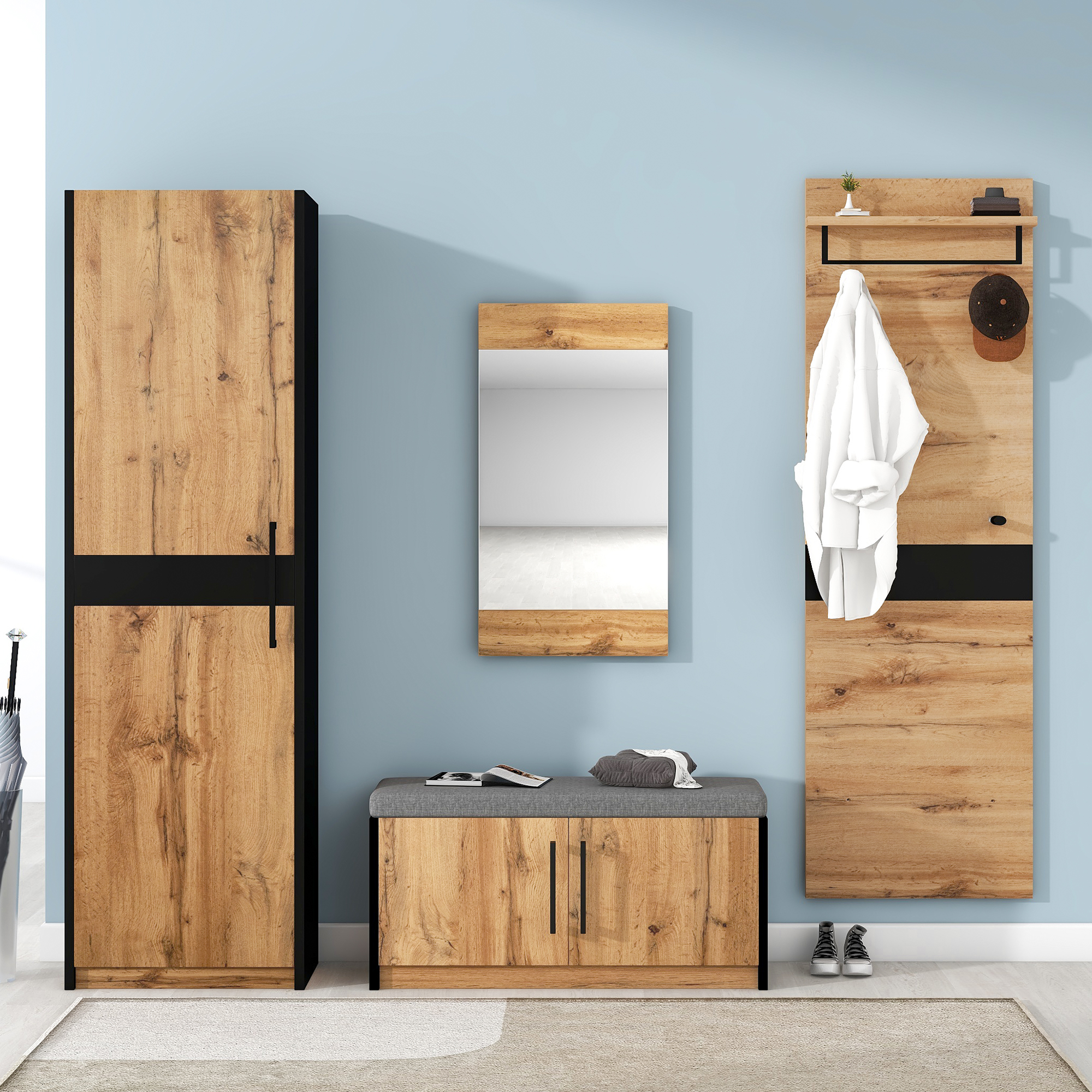 Ein Raum mit hellblauer Wand, Holzschränken, Spiegel und einer Bank.