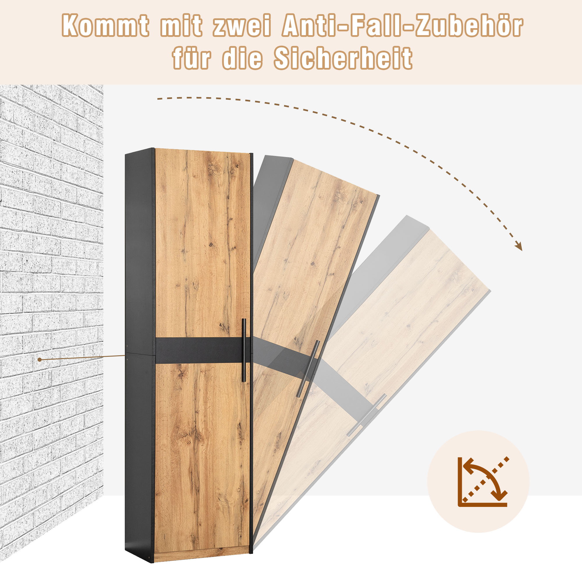 Ein Schrank mit zwei Türen, mit Text über Anti-Fall-Funktionen und Pfeilen, die die Bewegung zeigen.
