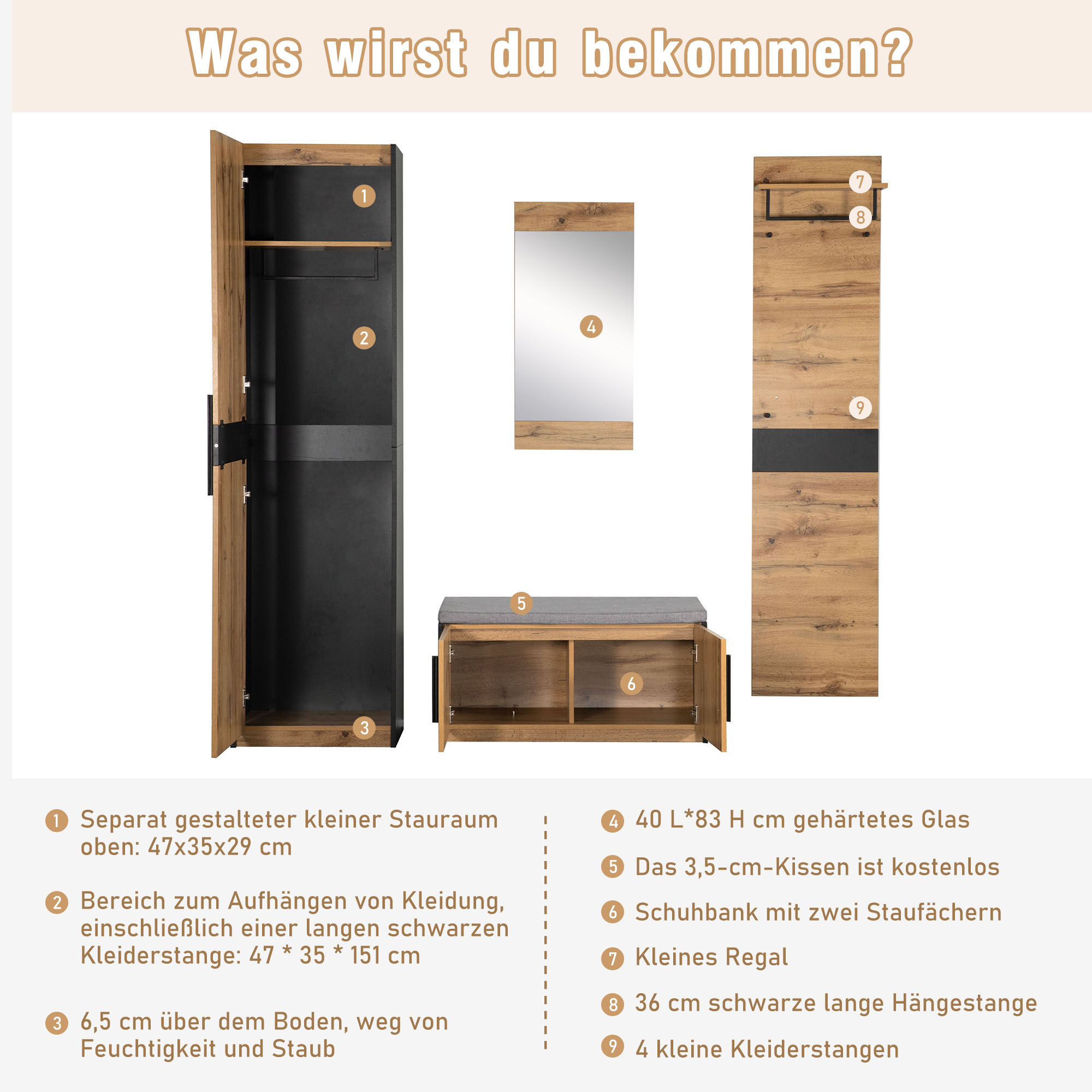 Diagramm mit Beschriftungen eines Schranksets, einschließlich Spiegel und Bank, mit Abmessungen.