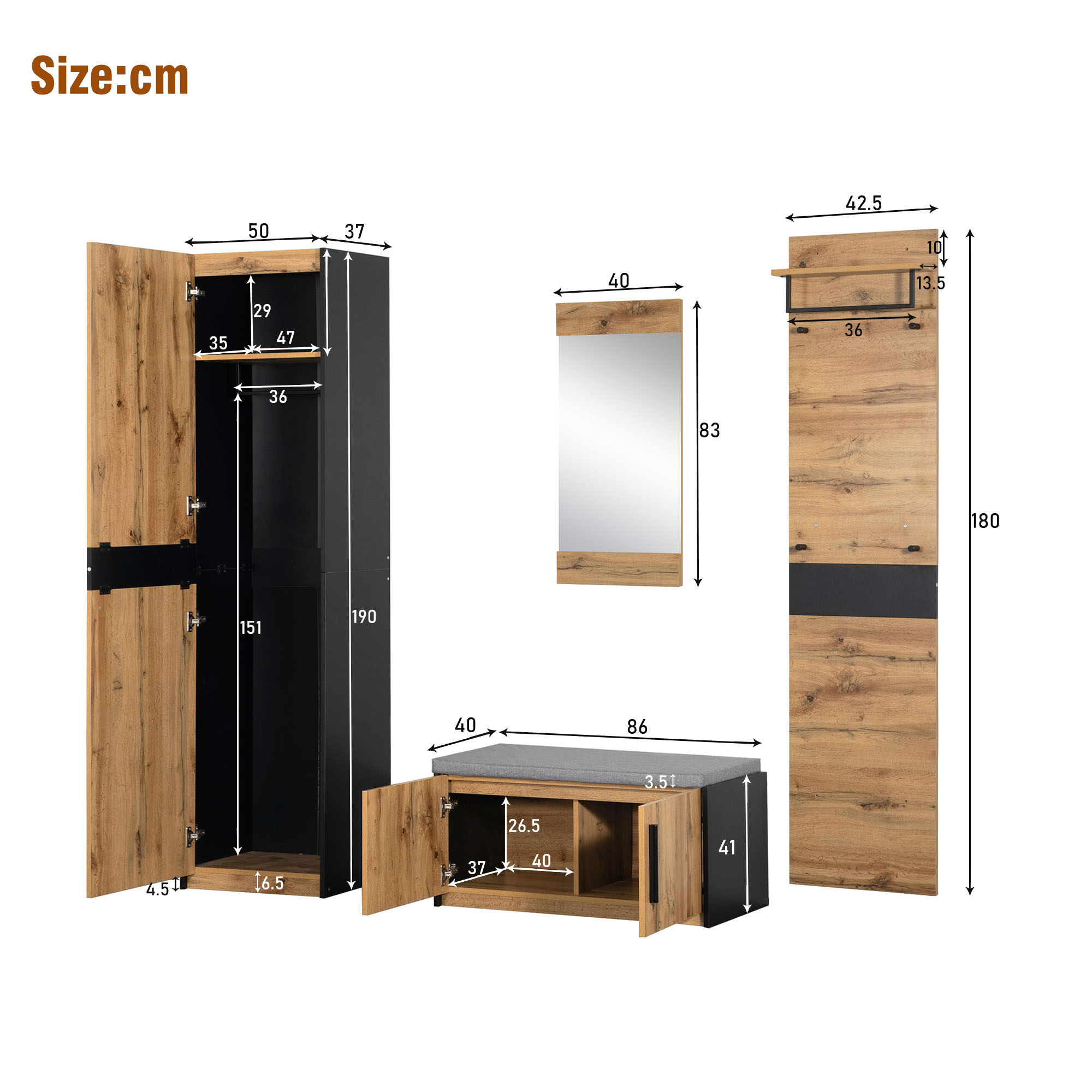 Ein Satz Möbelstücke mit Abmessungen. Ein Kleiderschrank, ein Spiegel und eine Bank sind mit Maßen dargestellt.