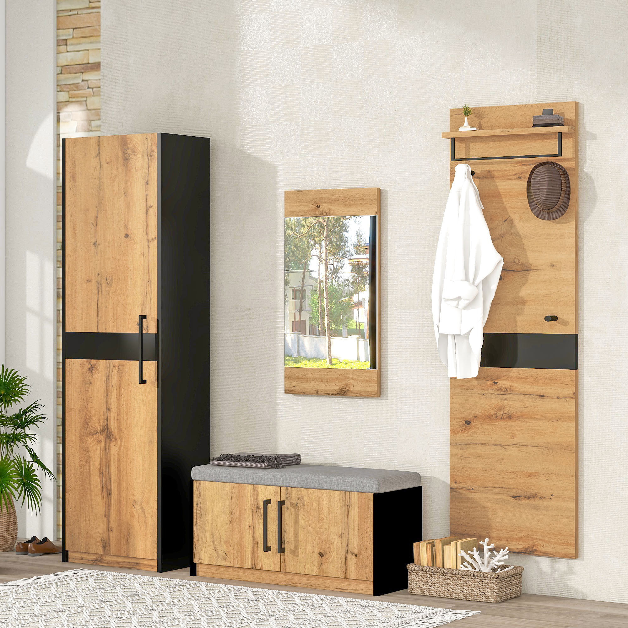 Ein Raum mit einem Holzschrank-Set, Spiegel und Bank, mit weißen und schwarzen Akzenten.