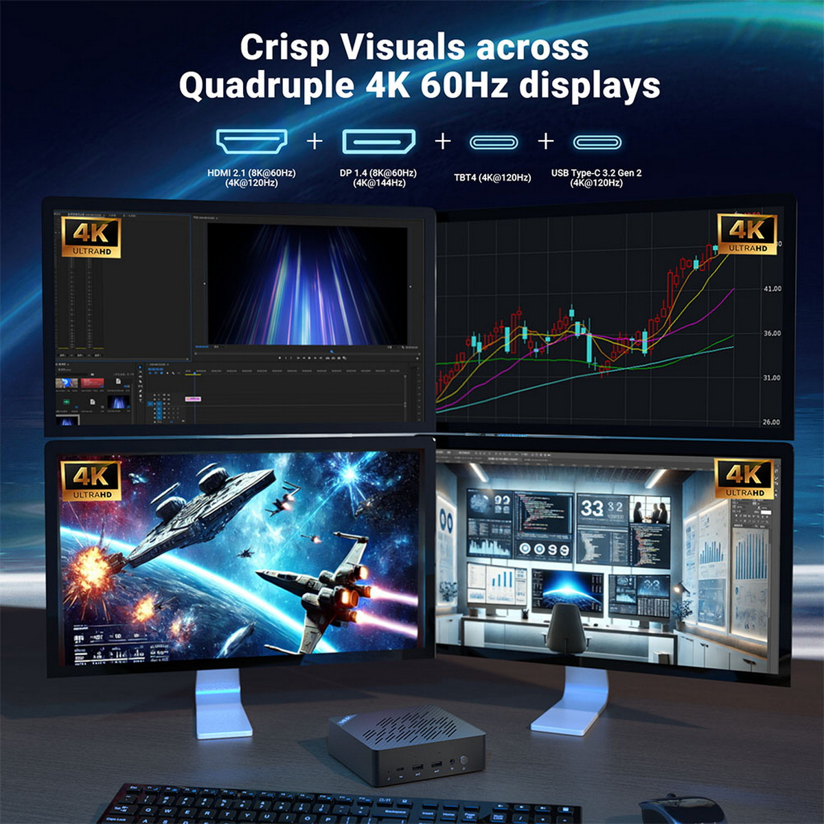 Cztery ekrany z wieloma wyświetlaczami 4K, pokazujące różne aplikacje i połączenia.