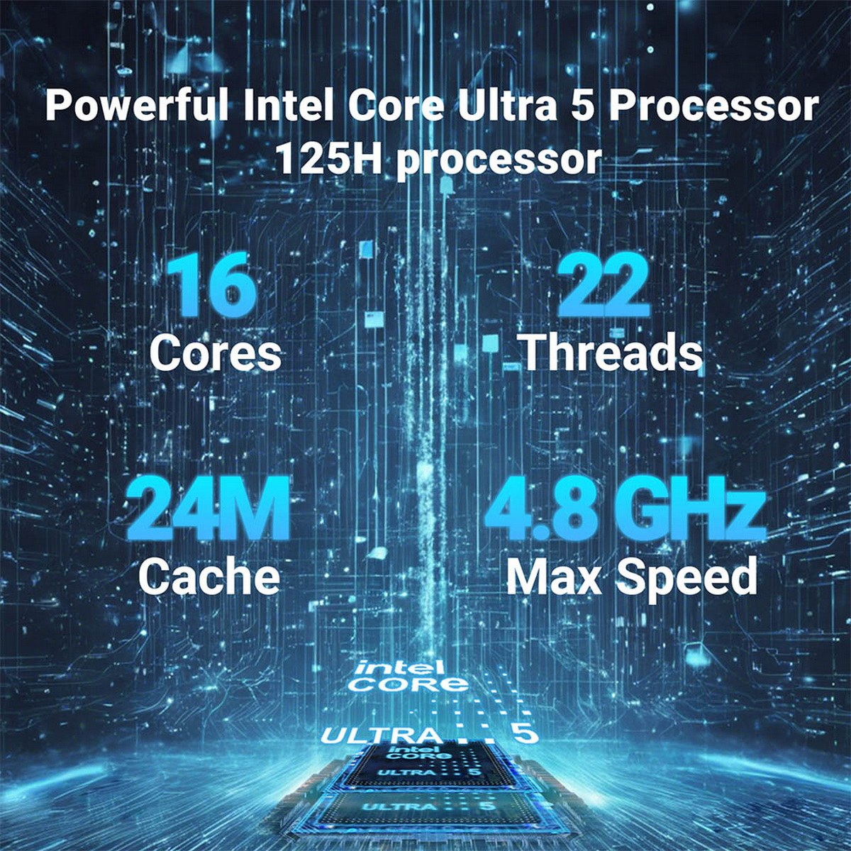 Niebieska grafika z parametrami procesora: 16 rdzeni, 22 wątki, 24M cache, maks. prędkość 4.8 GHz.