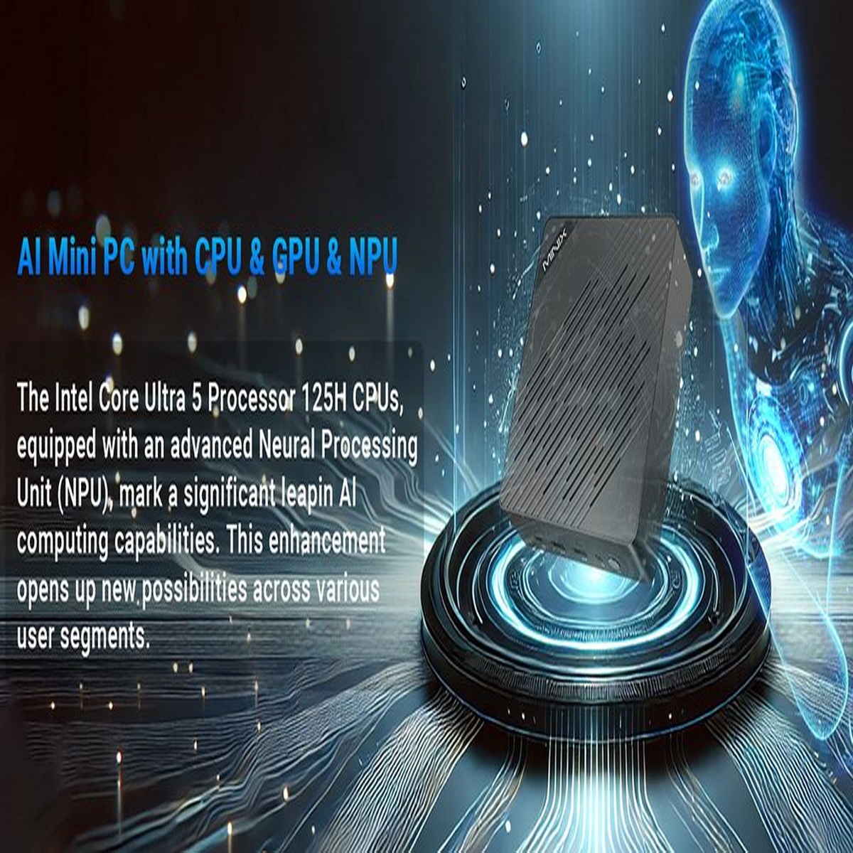 Mini PC AI z niebiesko świecącą osobą i tłem danych.