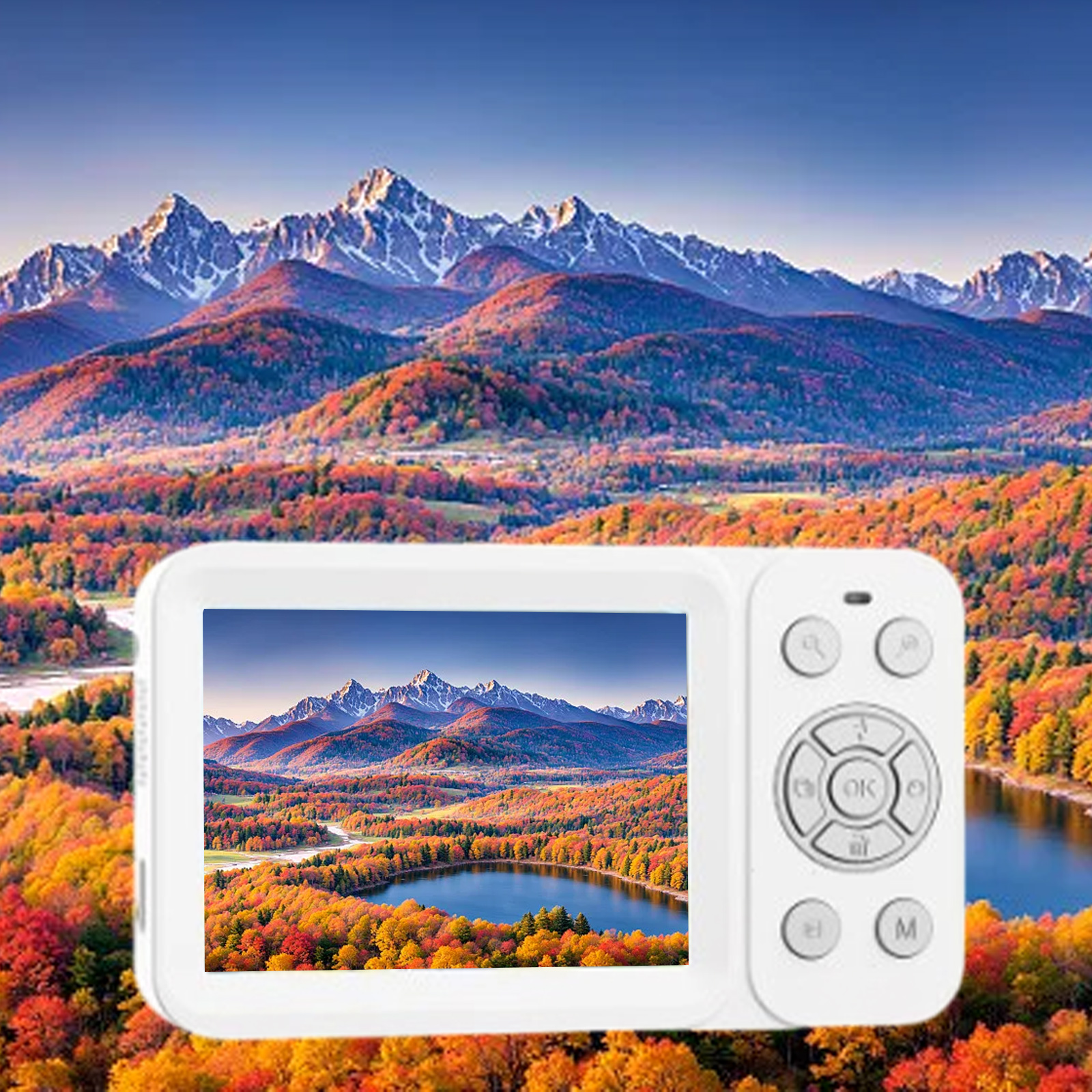 Weiße Kamera mit einer Landschaft. Berge, See und bunte Bäume im Bildschirm.