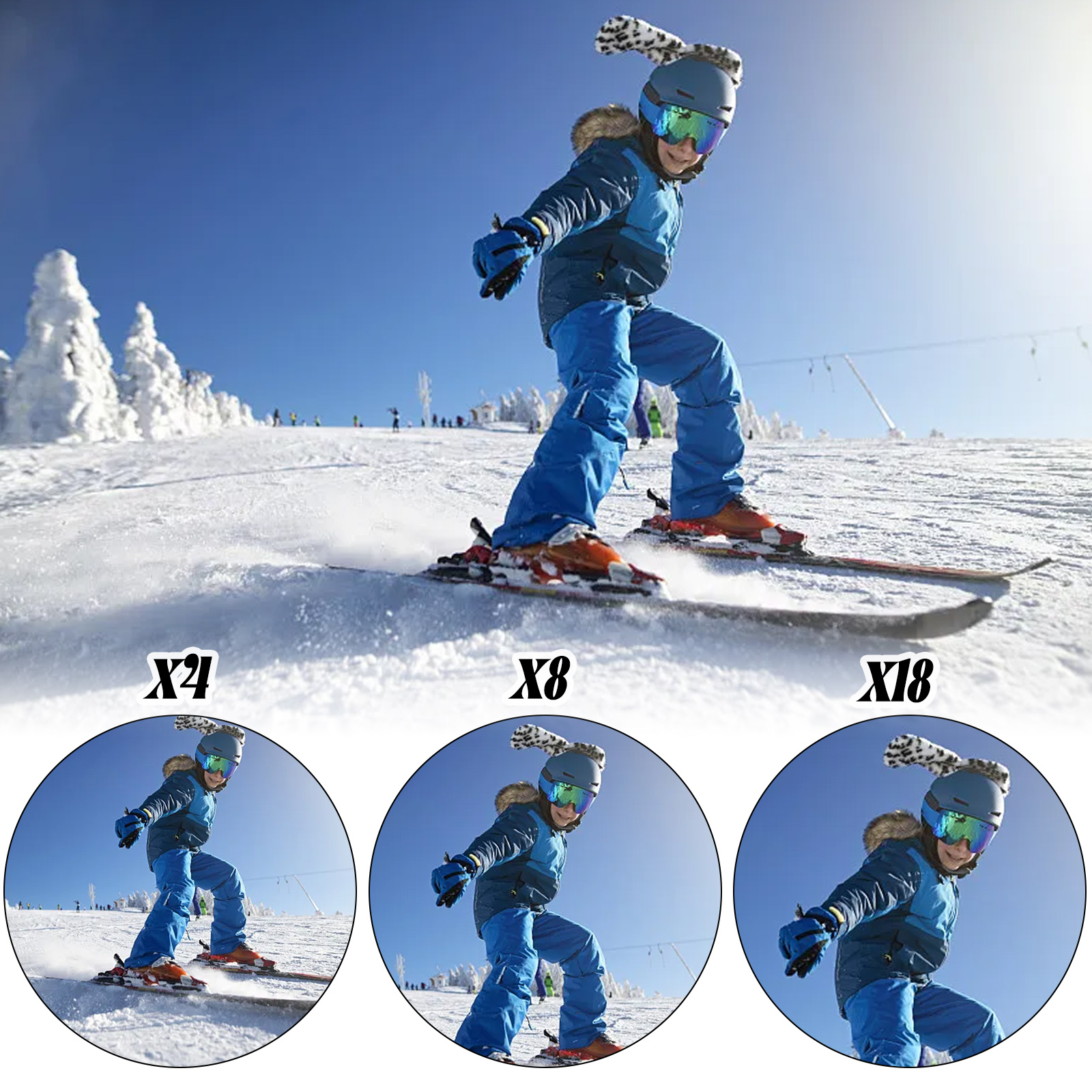 Skifahrer auf einer schneebedeckten Piste, mit drei vergrößerten Ansichten. X4, X8 und X18 Zoomstufen.