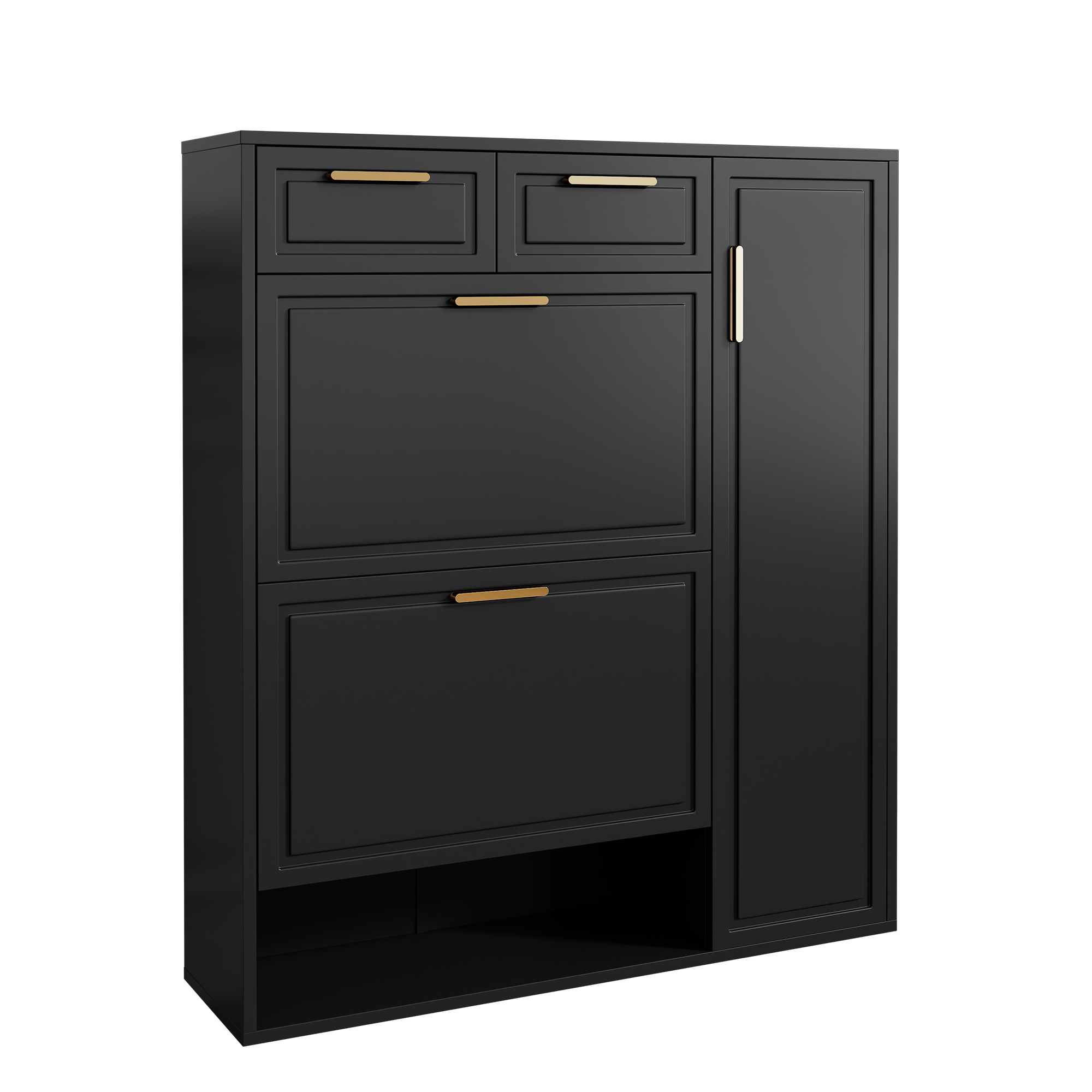 Schwarzer Schrank mit Schubladen und Seitenfach. Goldene Griffe. Weißer Hintergrund.