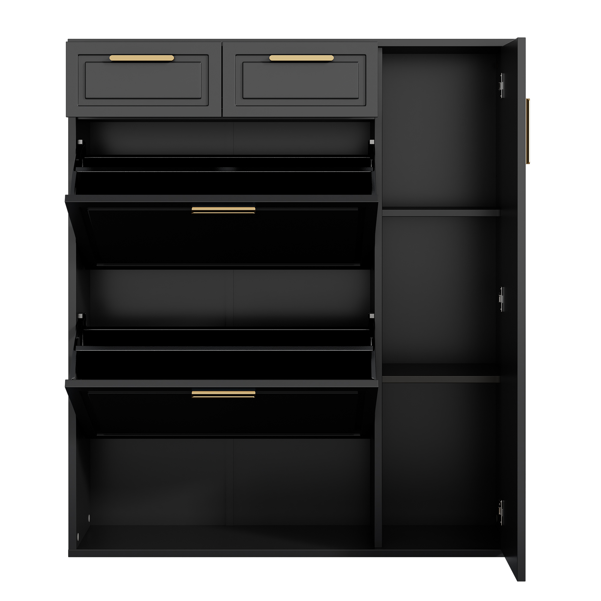 Schwarzer Schrank mit Schubladen, offen mit Regalen. Goldene Griffe. Weißer Hintergrund.