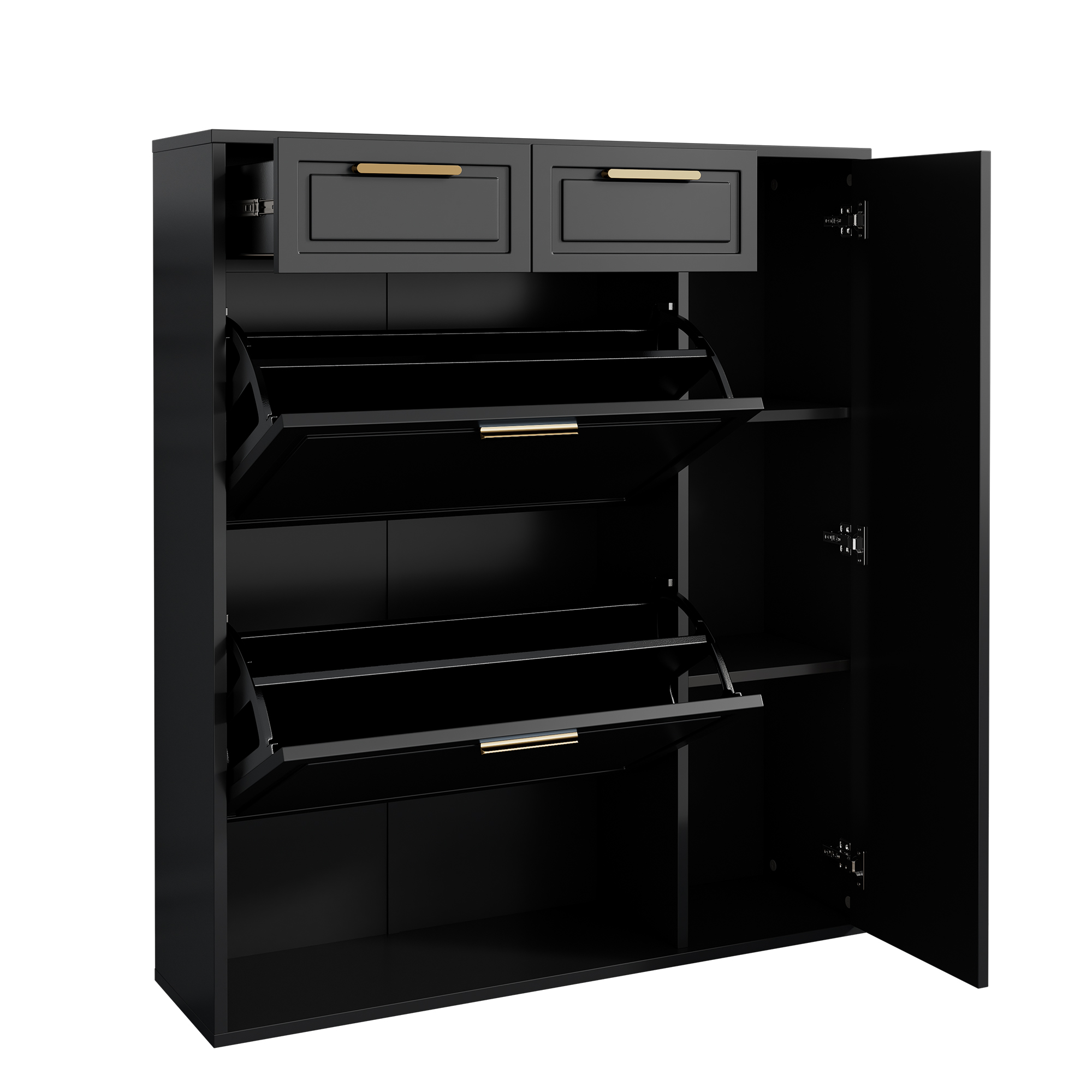 Schwarzer Schrank mit Schubladen, offen mit Regalen. Goldene Griffe. Weißer Hintergrund.