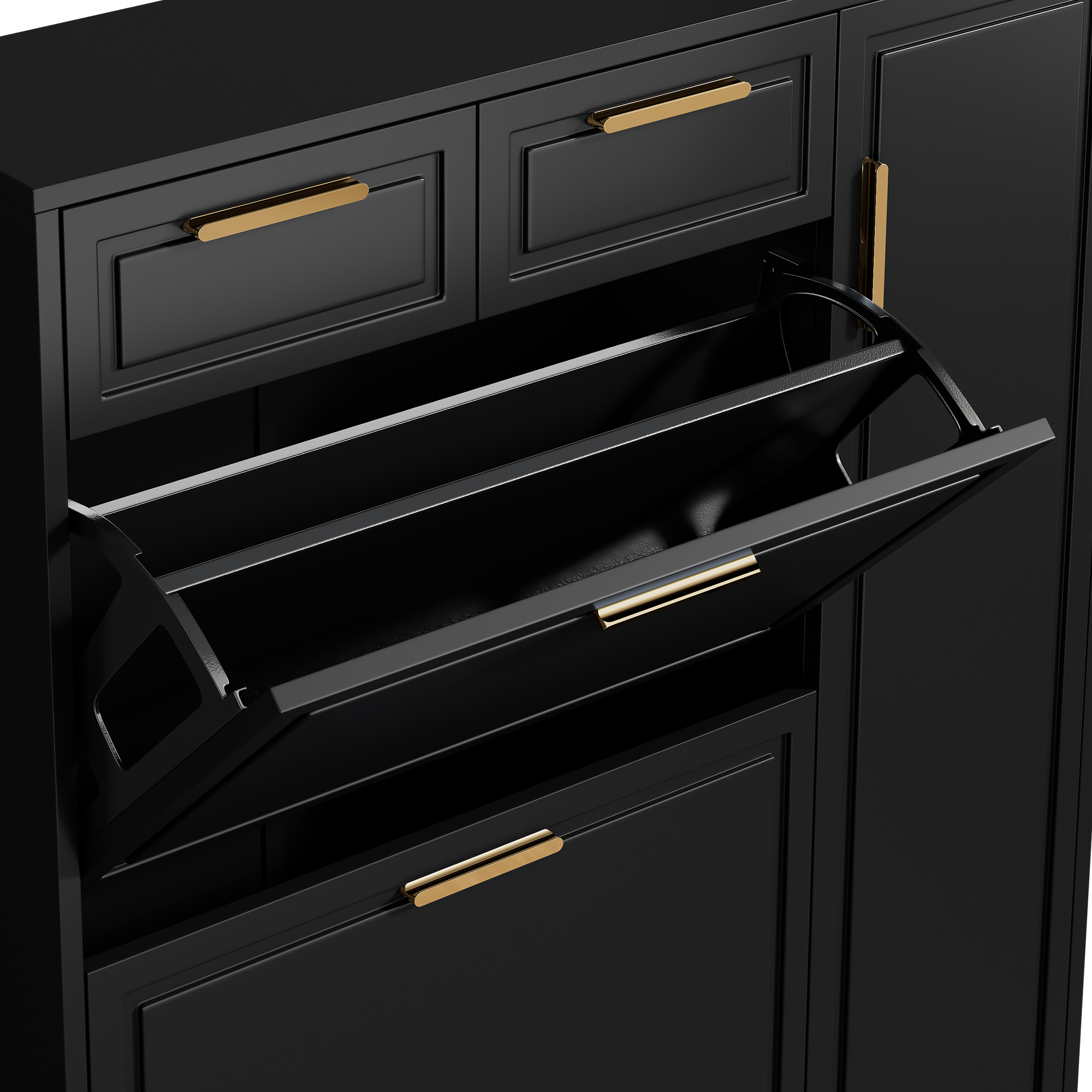 Schwarzer Schrank mit offenen Schubladen und goldenen Griffen. Das Innere der Schubladen ist sichtbar.