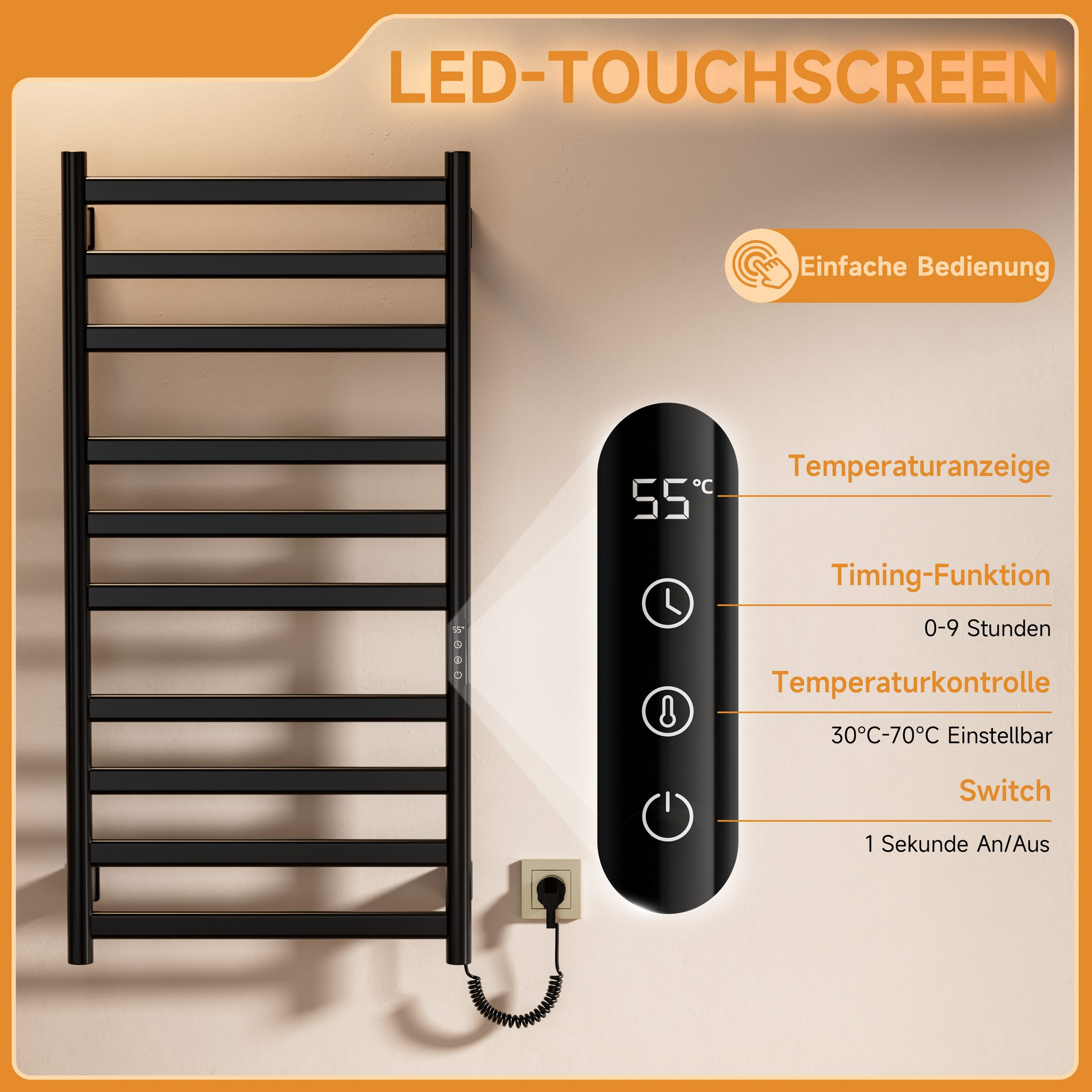 Schwarzer beheizter Handtuchhalter mit LED-Touchscreen. Zeigt Temperatur- und Zeitsteuerung an.