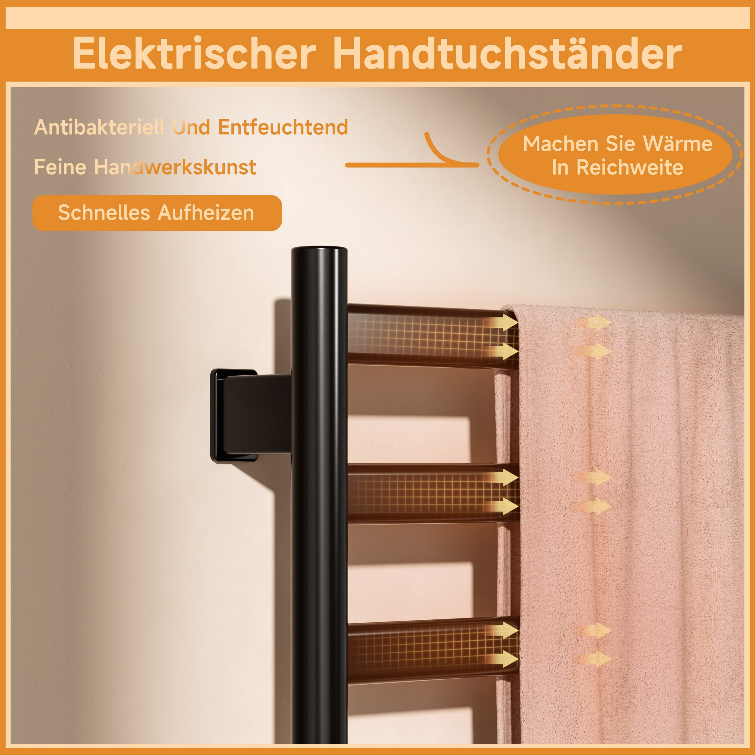 Schwarzer Handtuchwärmer mit Handtuch. Hitzewellen sind dargestellt. Text auf dem Bild.
