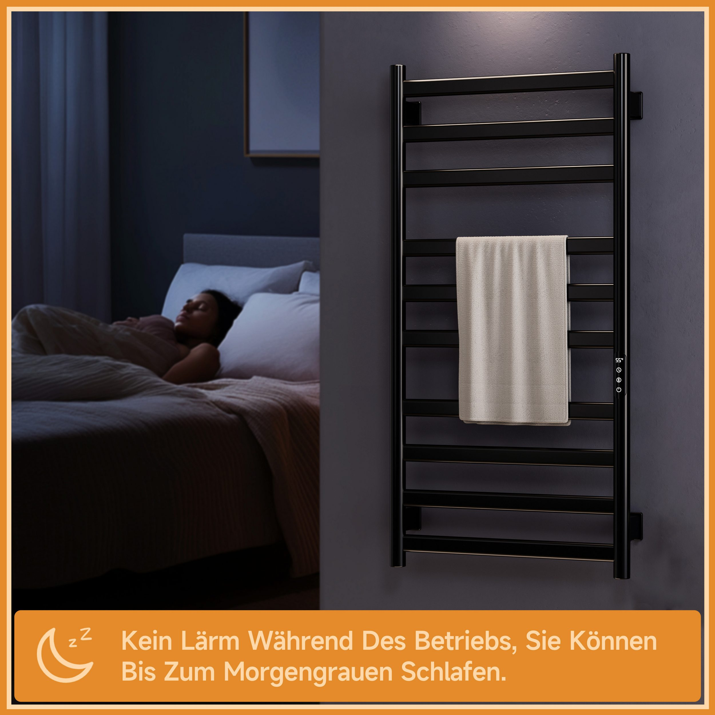 Schlafzimmer mit Handtuchwärmer. Eine Frau schläft im Bett. Der Wärmer ist schwarz und silber.