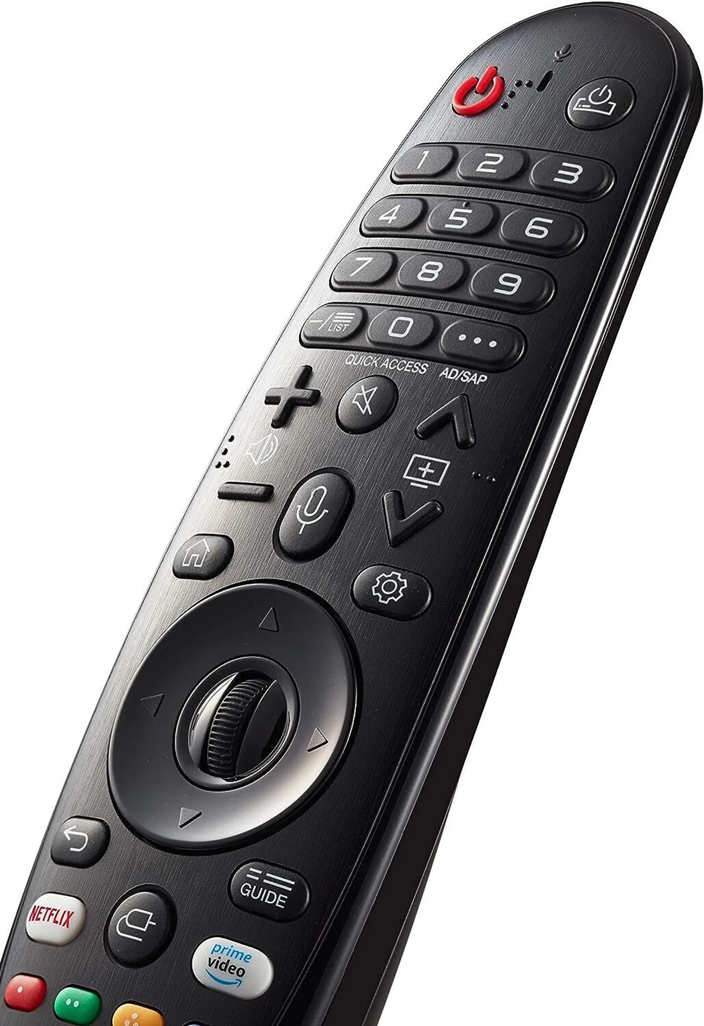 Nahaufnahme einer LG TV-Fernbedienung. Zahlreiche Tasten sind sichtbar. Strom, Netflix und Lautstärke.
