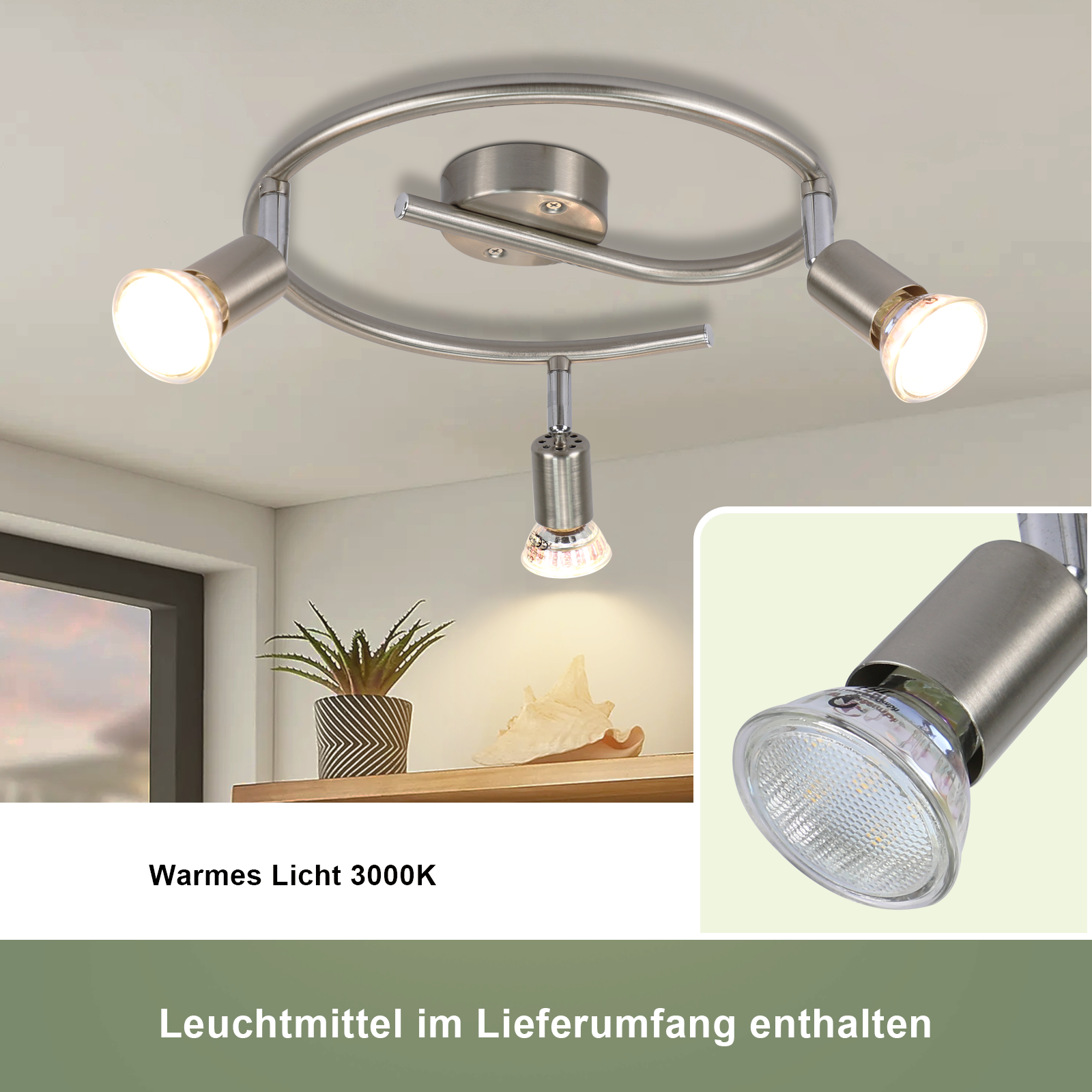 Oprawa oświetleniowa sufitowa z trzema światłami i trzema żarówkami. Jest półka z rośliną.