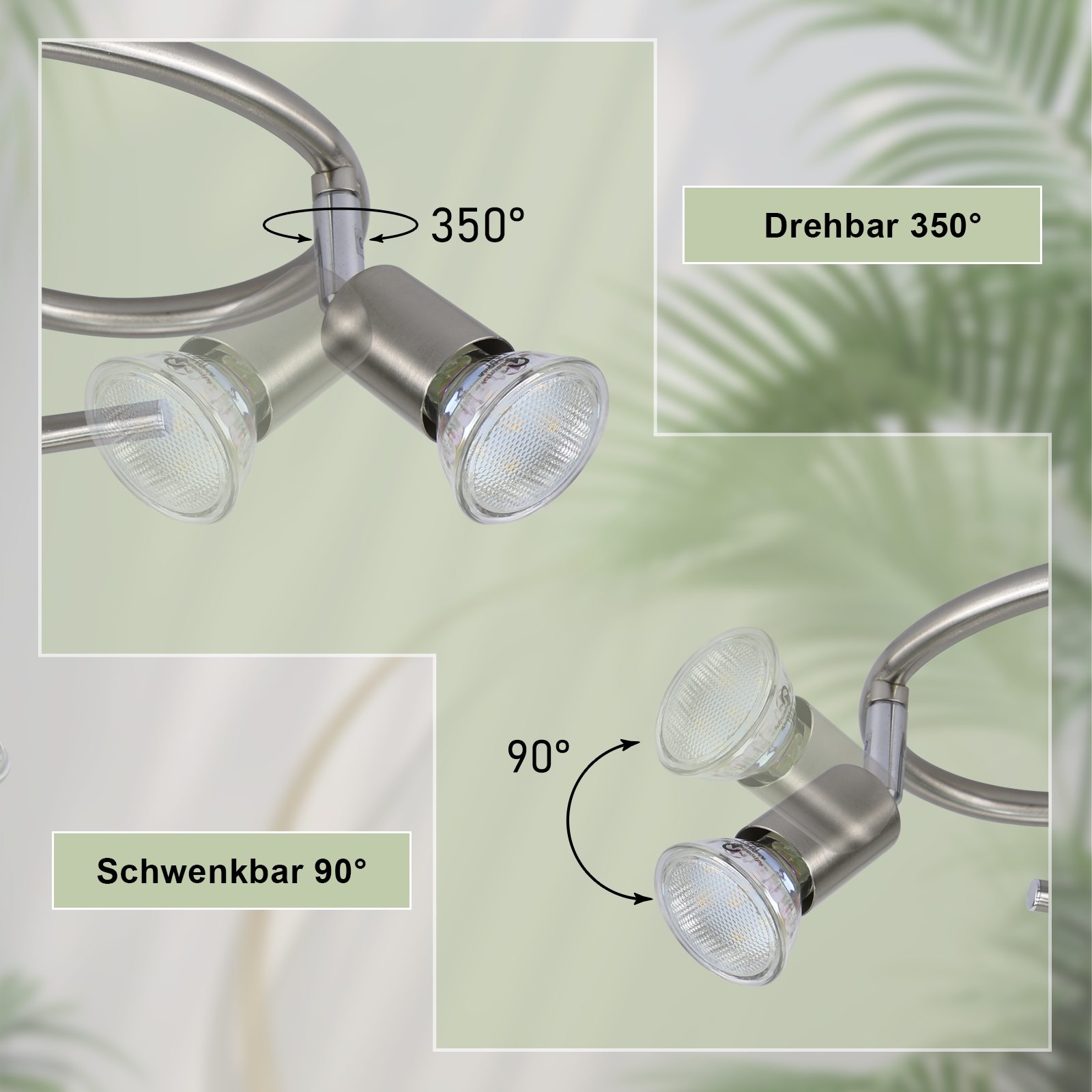Lampa sufitowa z dwoma regulowanymi reflektorami. Srebrne, ze szklanymi osłonami, obracają się o 350° i 90°.