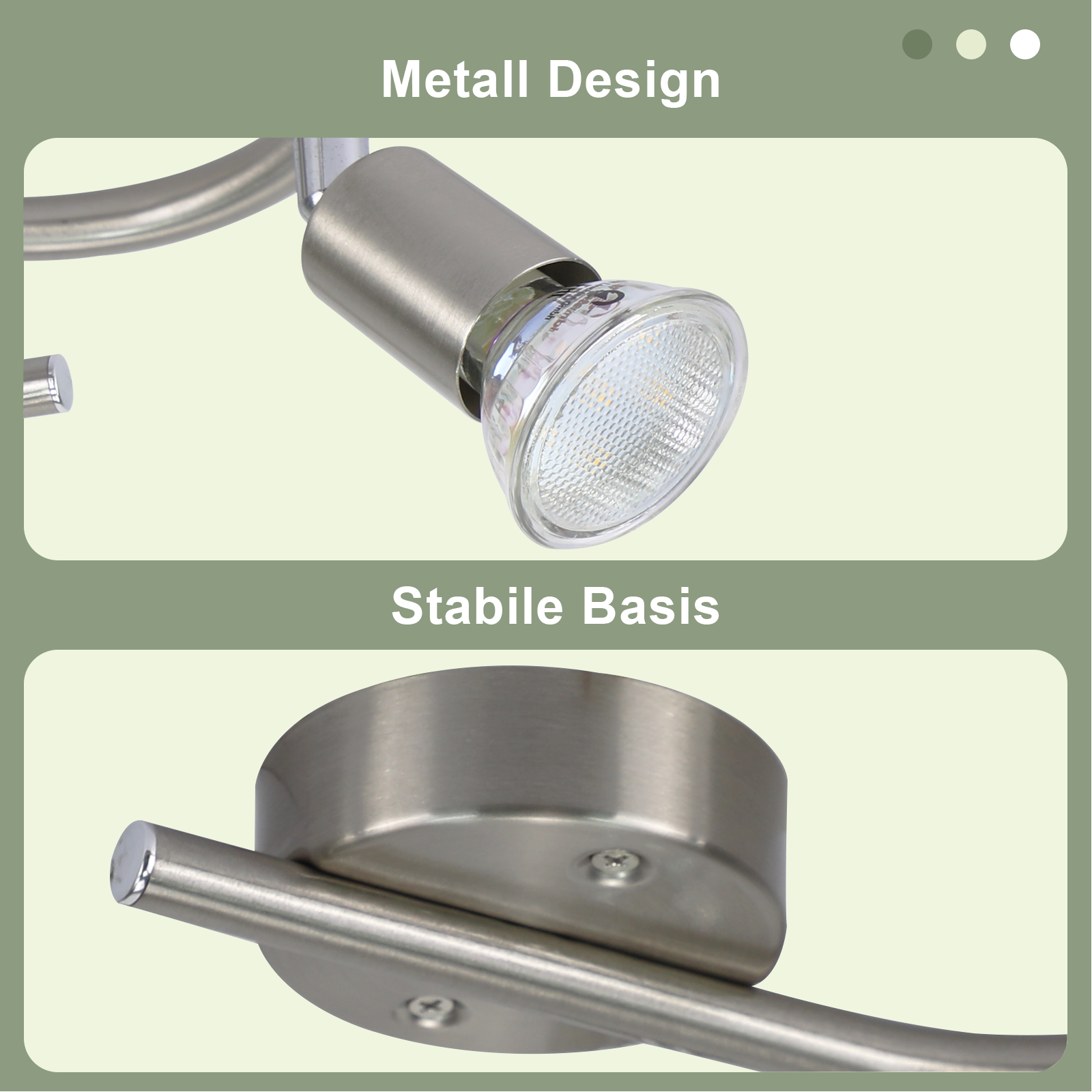Zbliżenie srebrnej metalowej oprawy oświetleniowej z reflektorem. Tekst wskazuje 'Metal Design' i 'Stabilna Baza'.