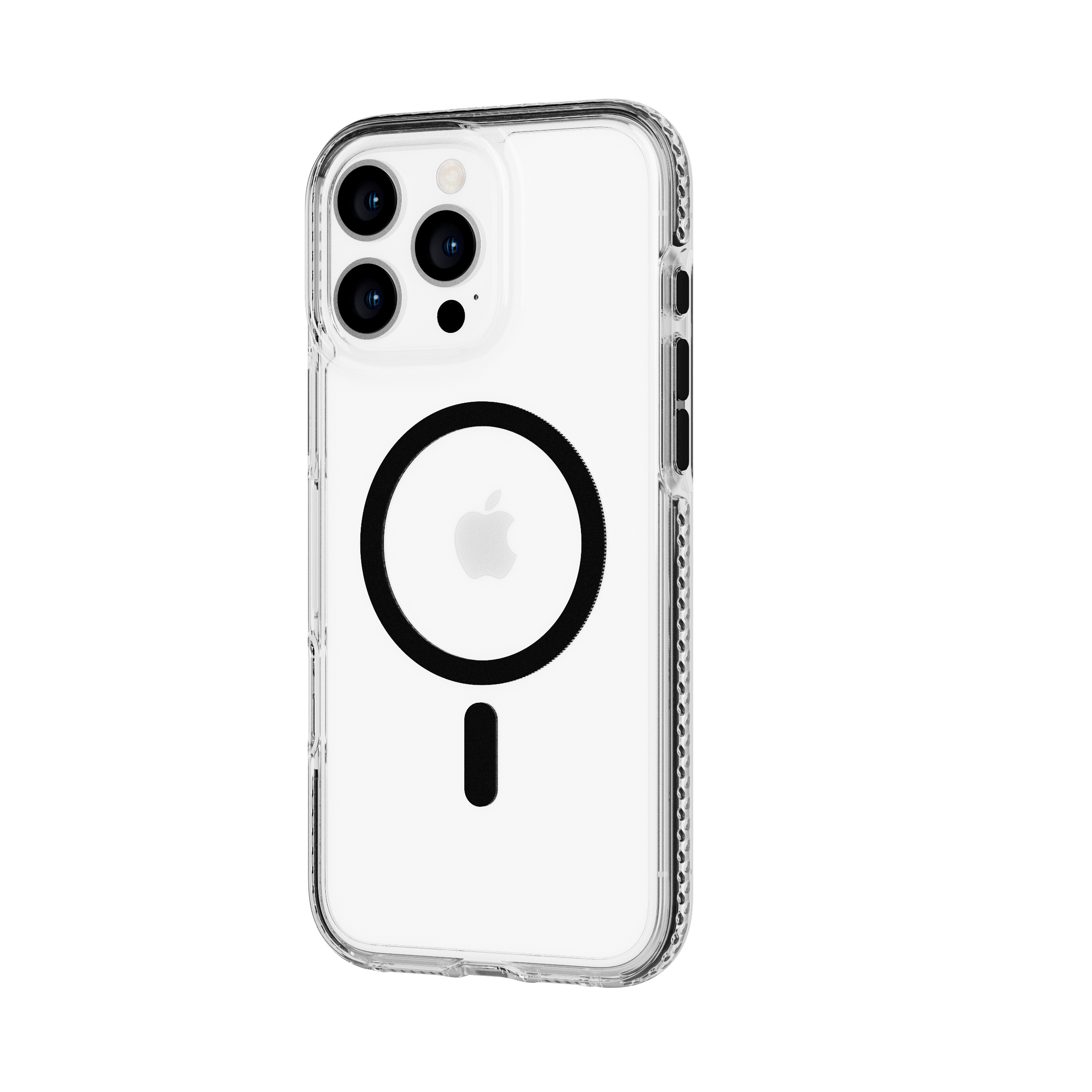 Une coque de téléphone transparente avec un cercle noir et un logo Apple. Le téléphone a quatre caméras.
