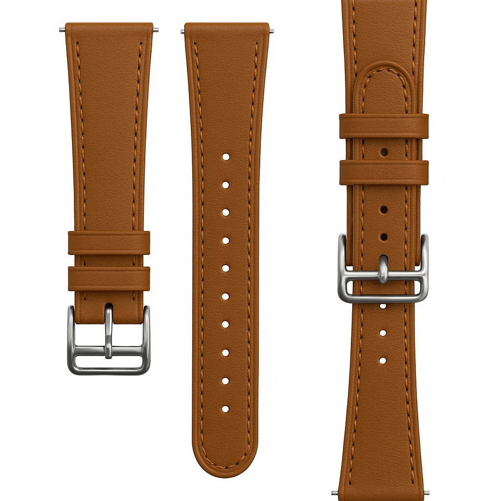 Braune Leder-Uhrenarmbänder mit Schnallen. Es gibt 3 Armbänder; eines mit einer geschlossenen Schnalle.