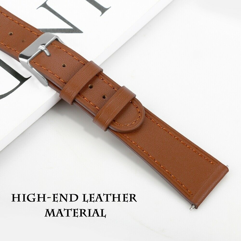 Braunes Leder-Uhrenarmband mit silberner Schnalle. Der Text lautet 'HIGH-END LEATHER MATERIAL'.
