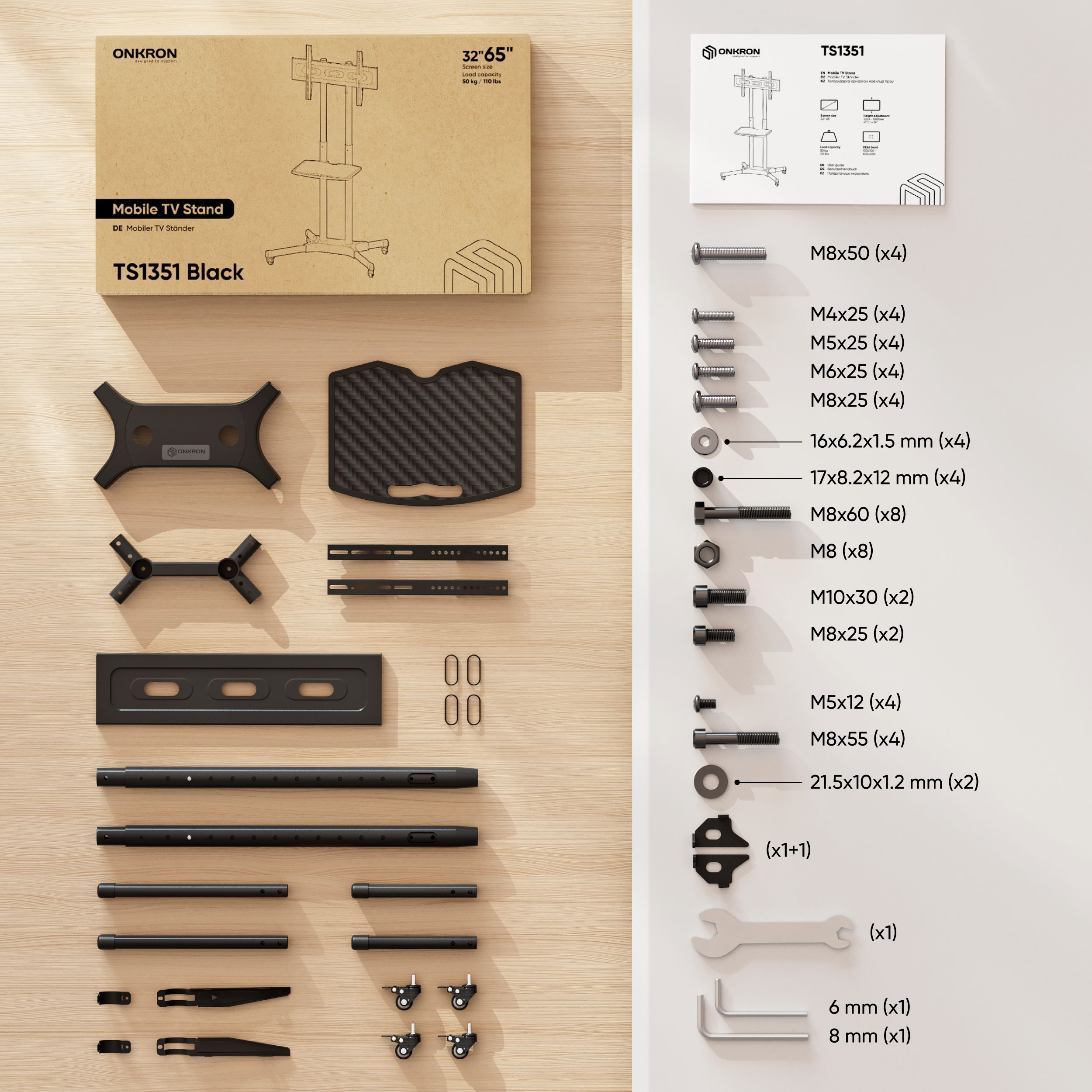 Różne elementy stojaka pod telewizor. W tym śruby, instrukcja i części stojaka.