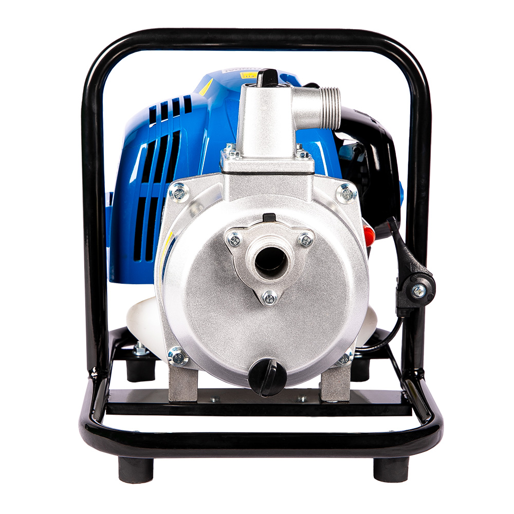Wasserpumpe mit blauen und silbernen Komponenten, untergebracht in einem schwarzen Metallrahmen. Isoliert auf weißem Hintergrund.