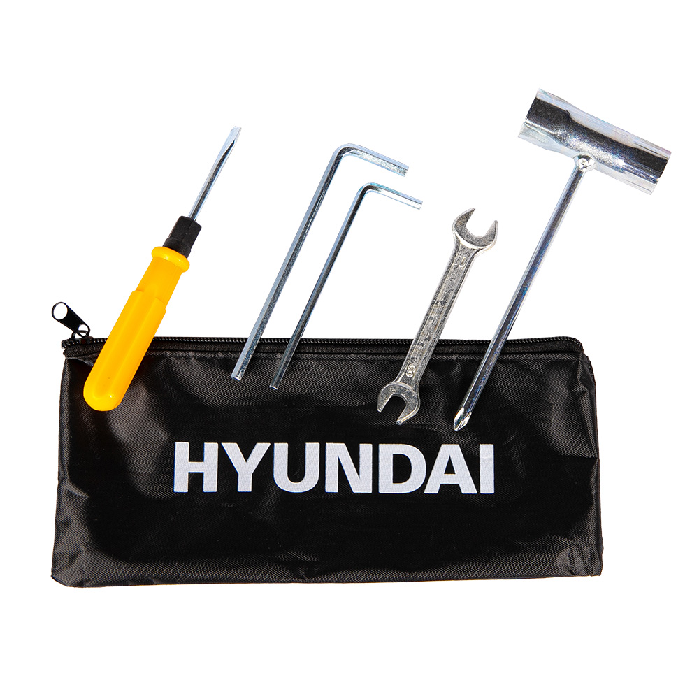 Eine schwarze Tasche mit Werkzeugen: ein Schraubendreher, Inbusschlüssel, ein Schraubenschlüssel und ein Doppelmaulschlüssel.