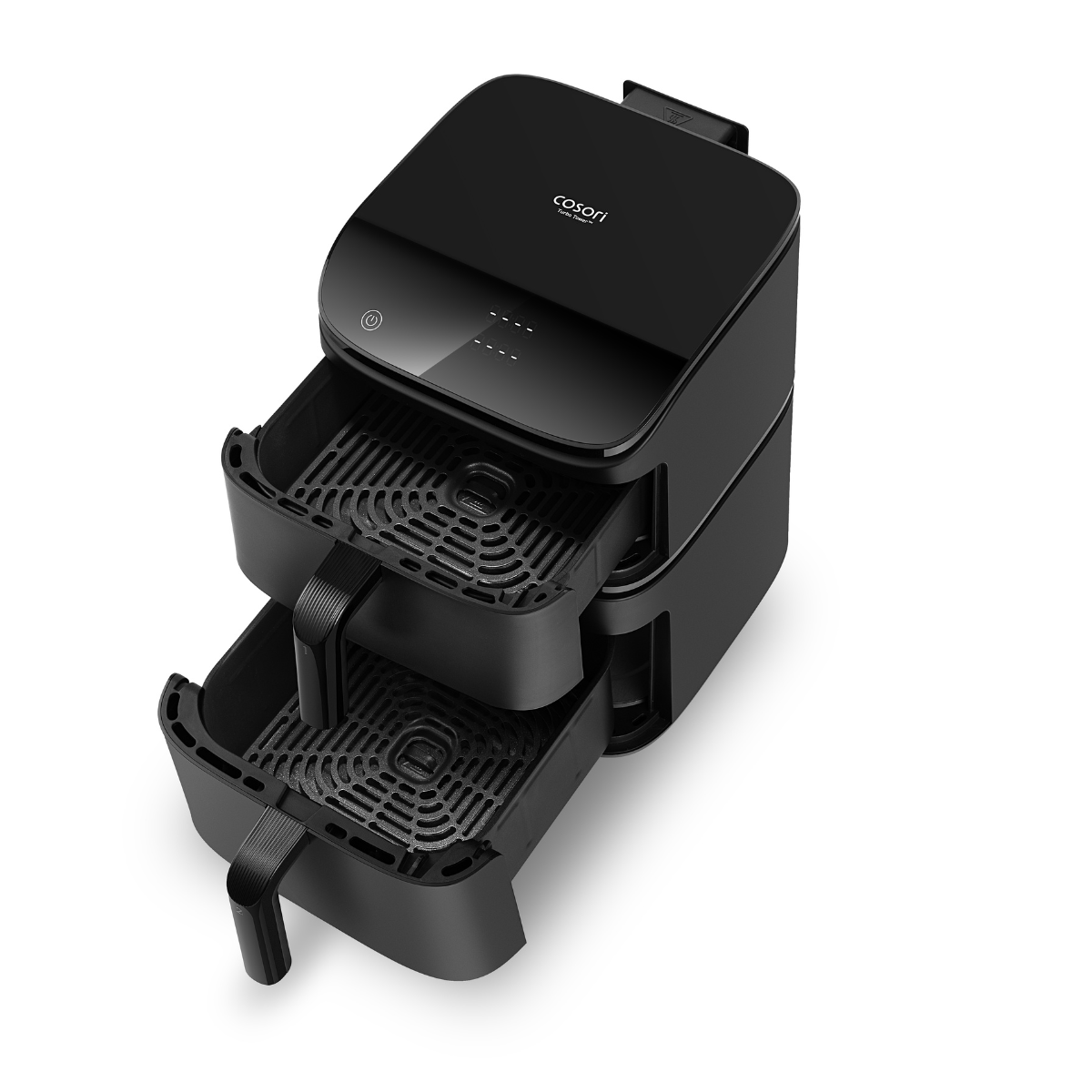 Zwarte airfryer met twee lades. De lades zijn open, met de bakplaten zichtbaar in het apparaat.