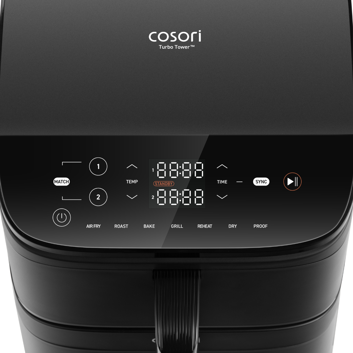 Zwarte airfryer met digitaal display dat tijd en temperatuur weergeeft. Voorzien van knoppen voor verschillende kookfuncties.