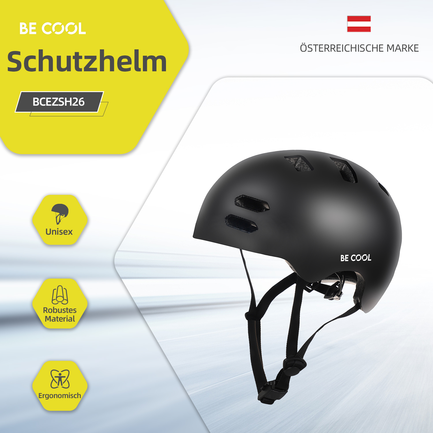 Schwarzer Helm. Text links. Unisex, robustes Material, ergonomisch. Österreichische Flagge.