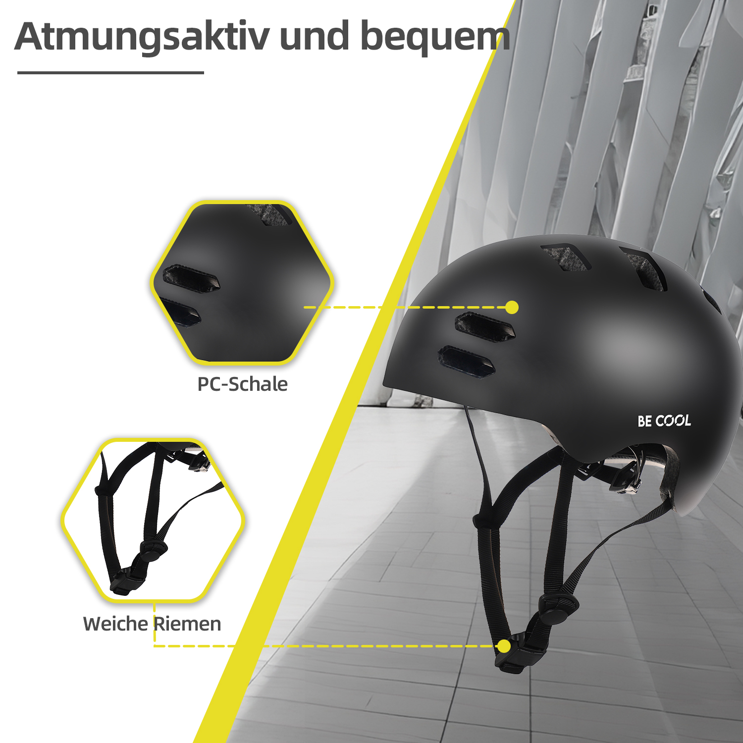 Schwarzer Helm. Text links. PC-Schale und weiche Riemen gezeigt.